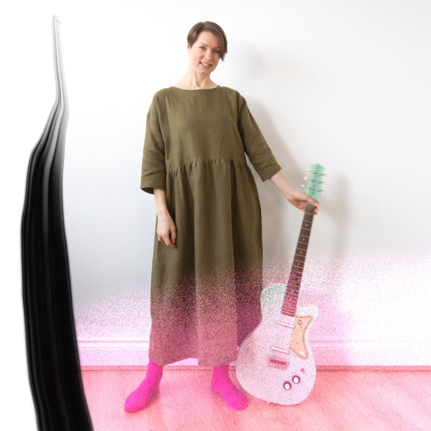 Olive green linen dress, lower-calf length