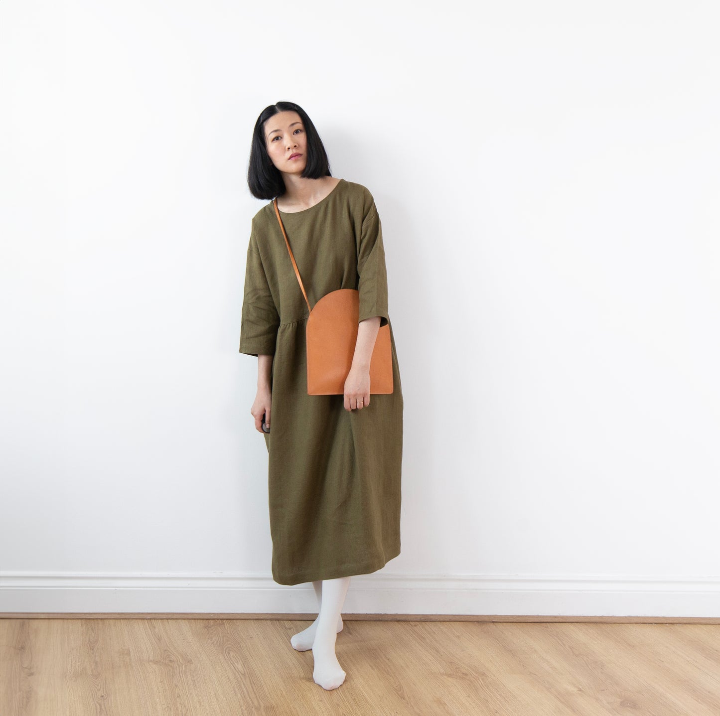 Olive green linen dress, lower-calf length