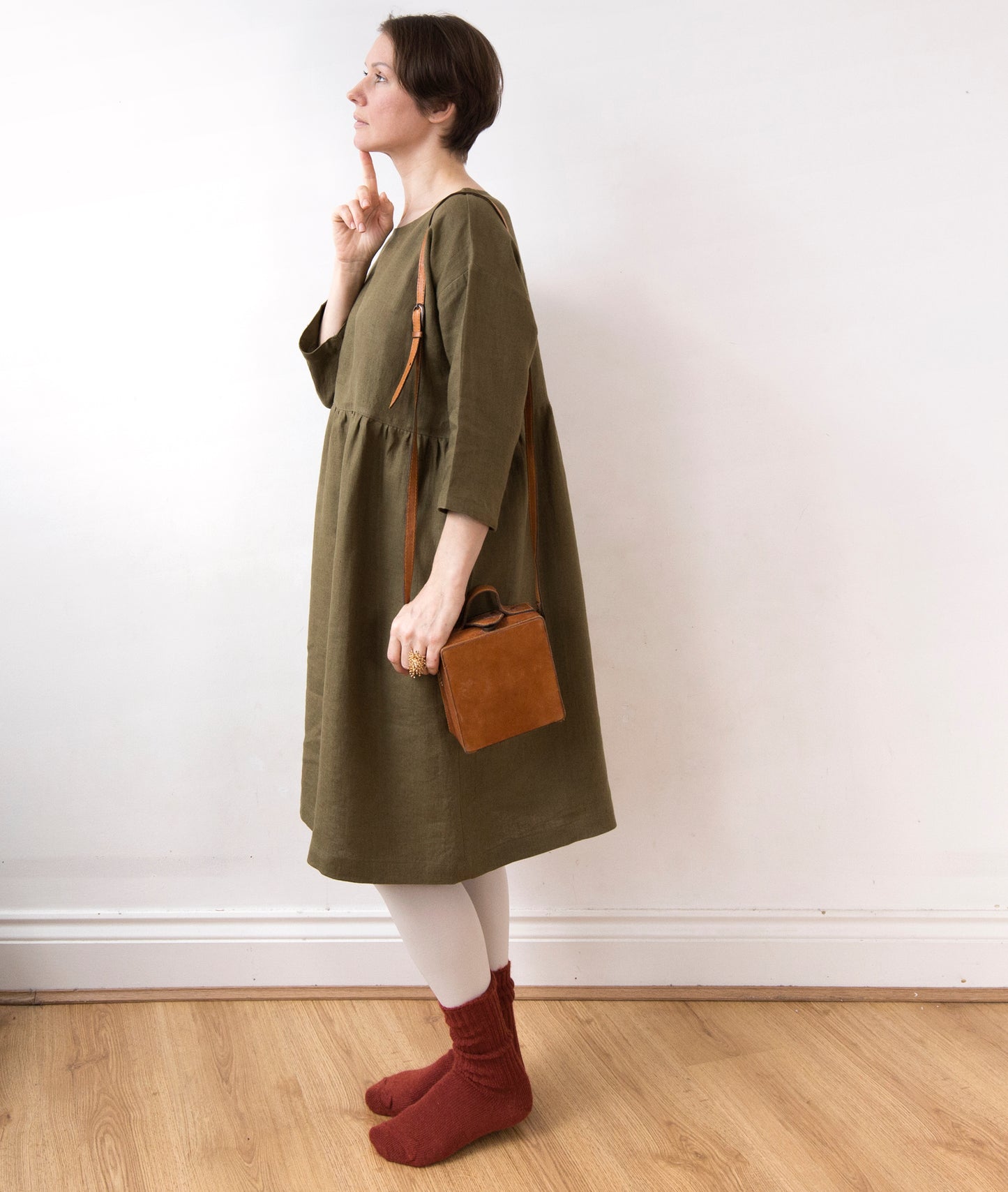 Olive green linen dress (knee length)
