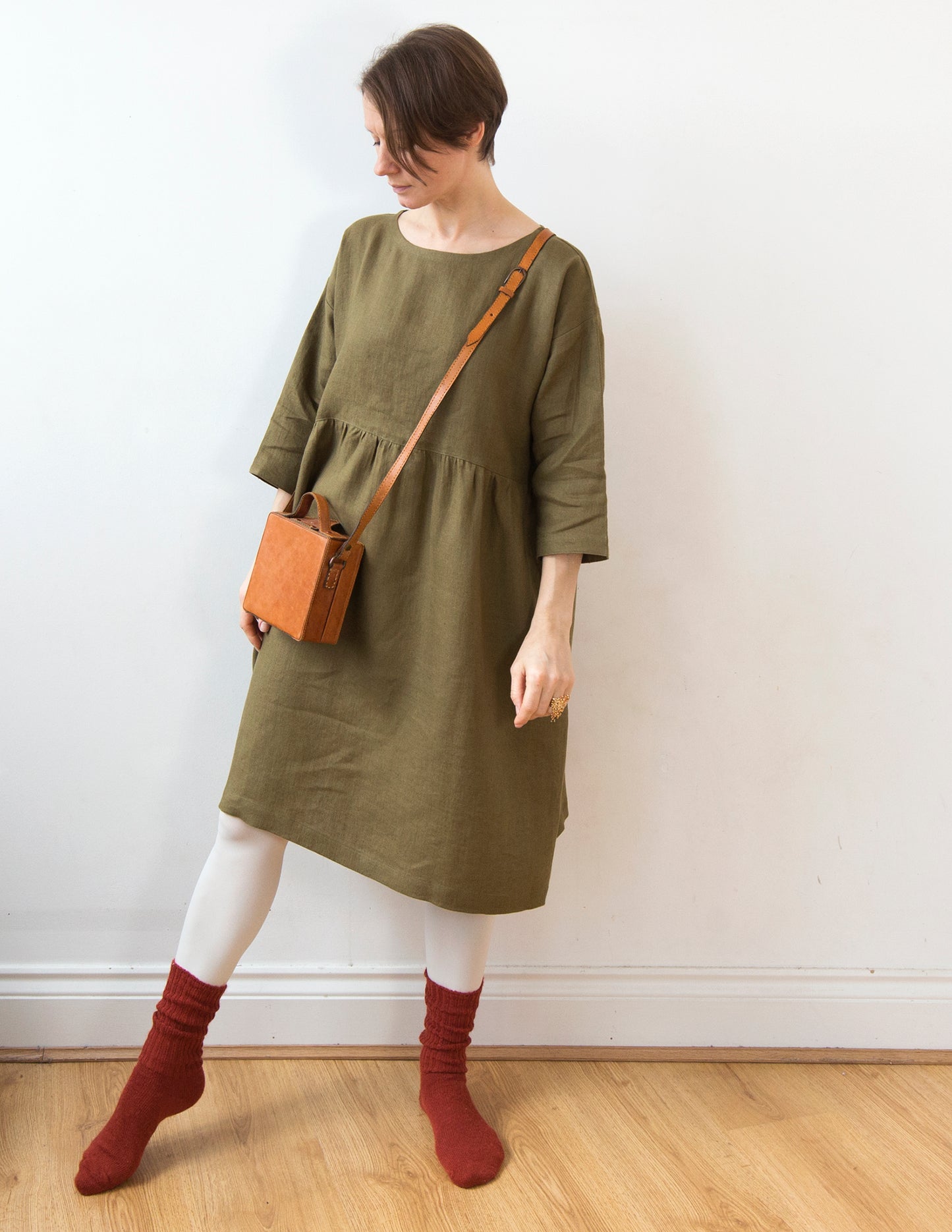 Olive green linen dress (knee length)
