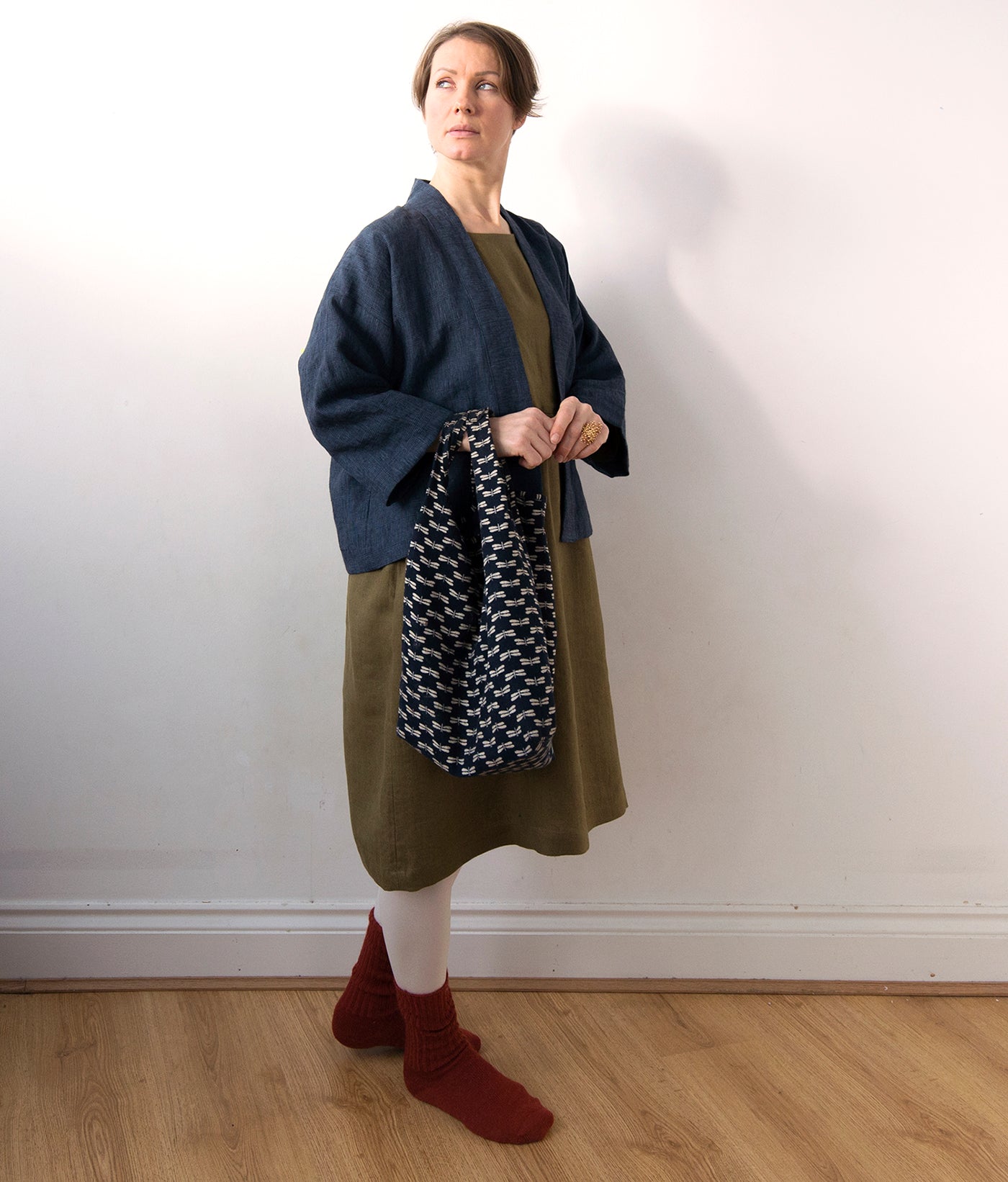 Olive green linen dress (knee length)