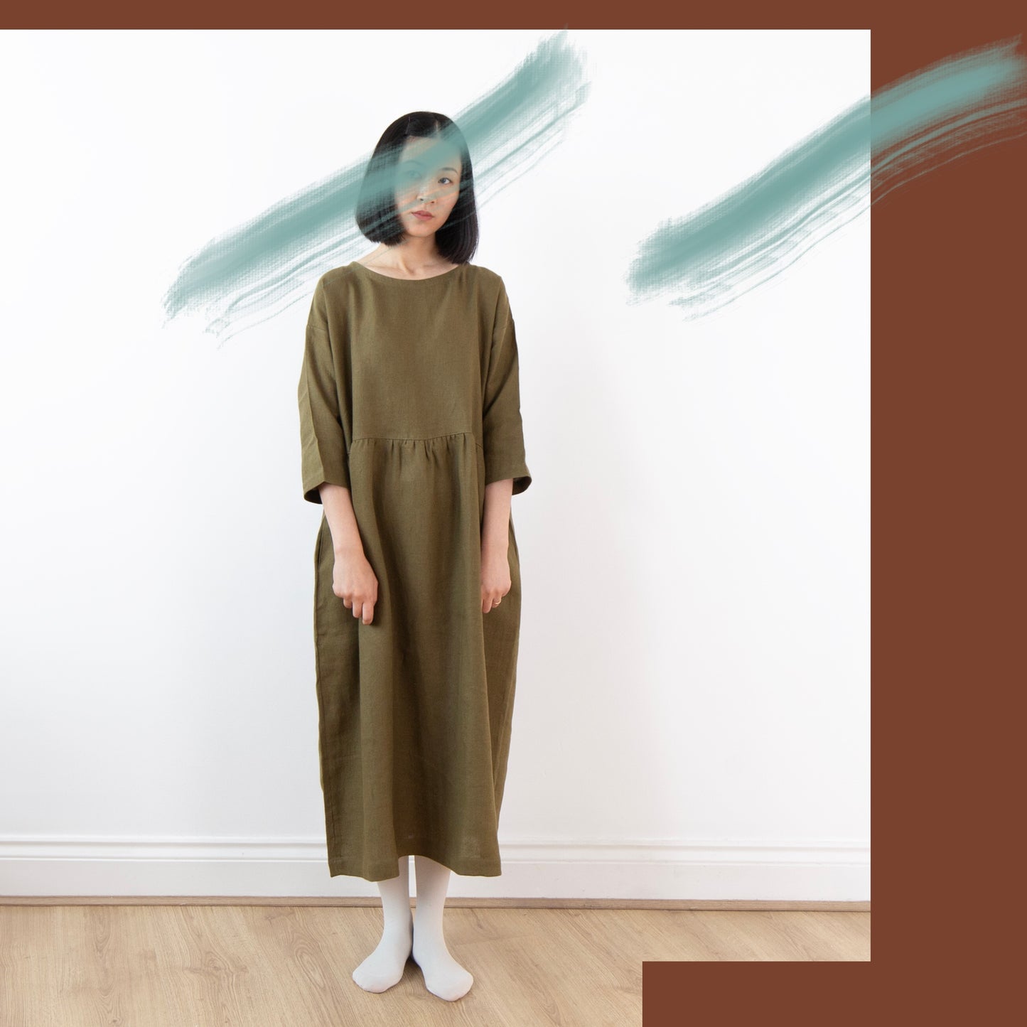 Olive green linen dress, lower-calf length
