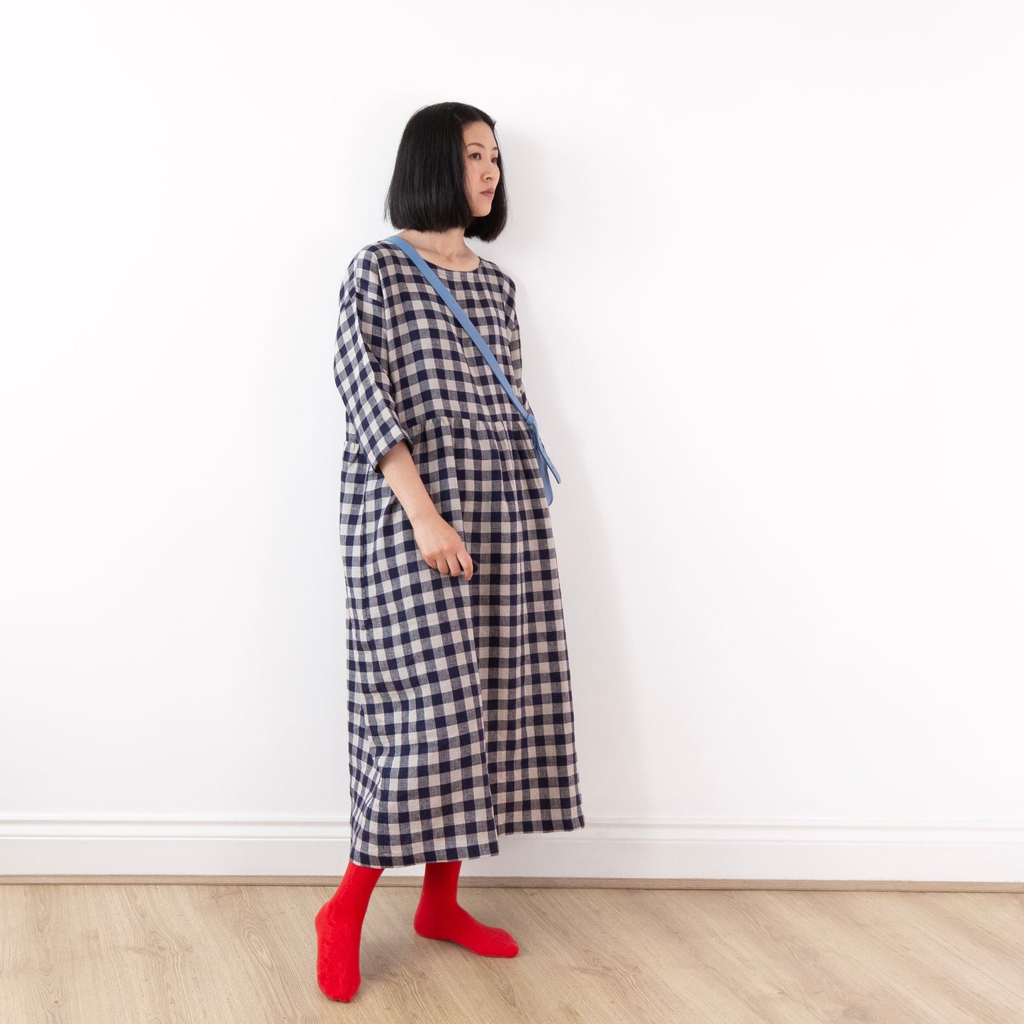 Indigo blue gingham check linen dress, lower-calf length