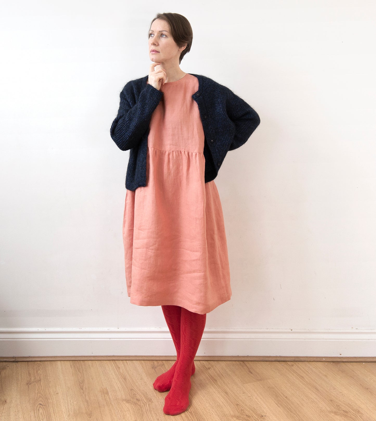 Coral pink linen dress, knee length
