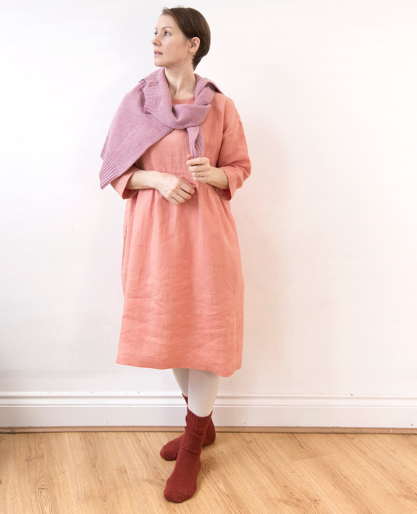 Coral pink linen dress, knee length