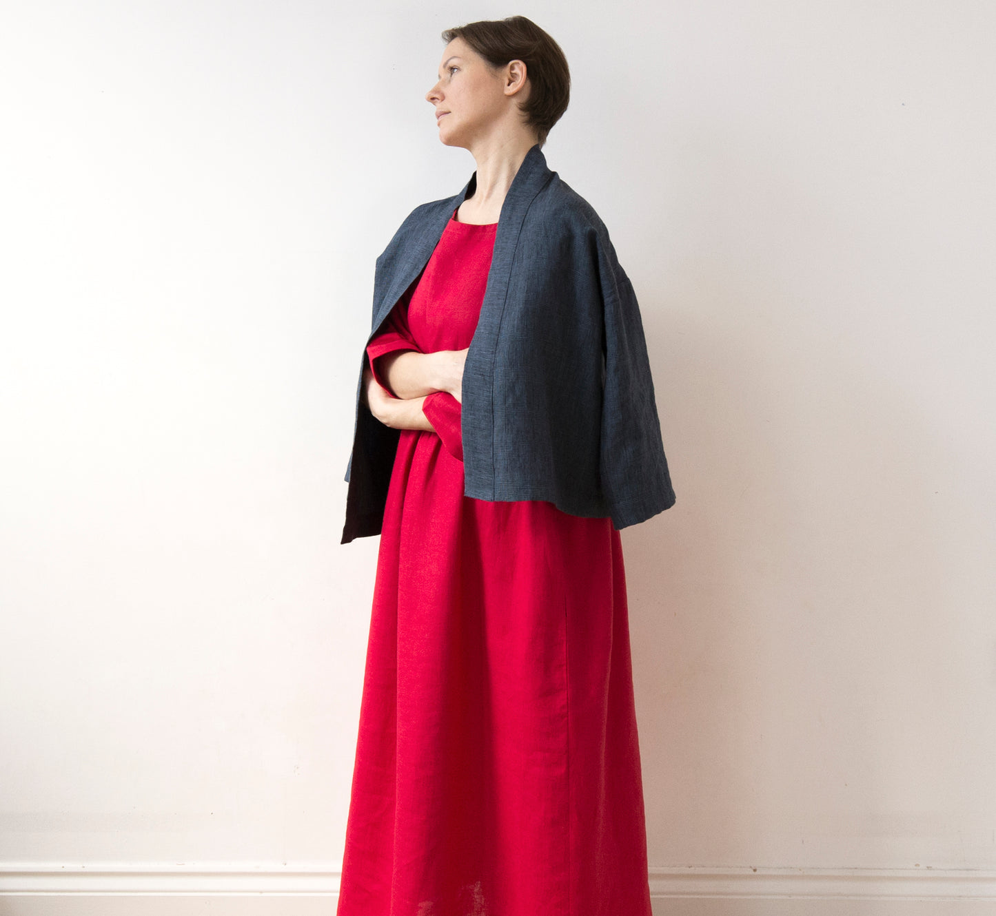 Festive red linen dress, lower-calf length