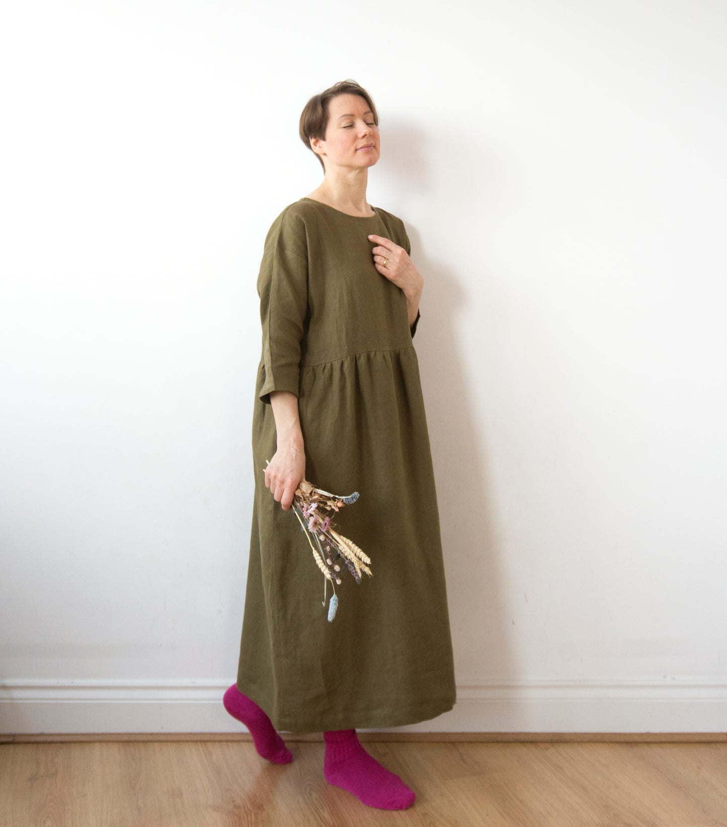 Olive green linen dress, lower-calf length