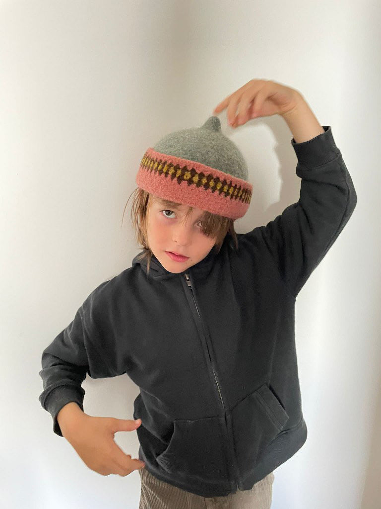 Pink patterned edge and grey top woollen hat