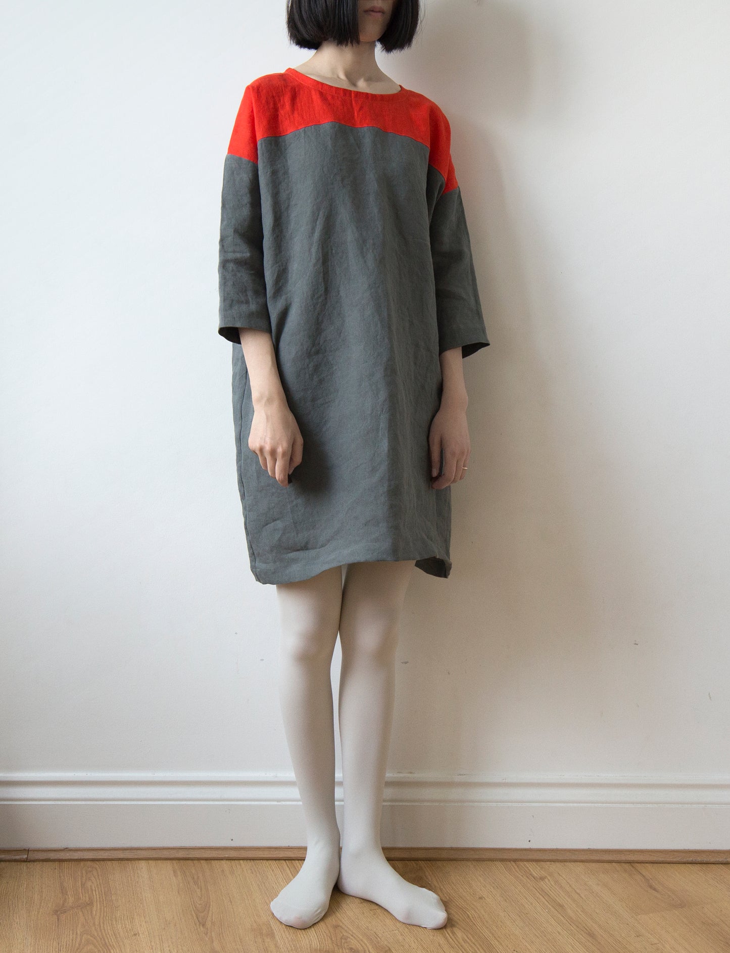 Vibrant orange red and dark grey linen dress
