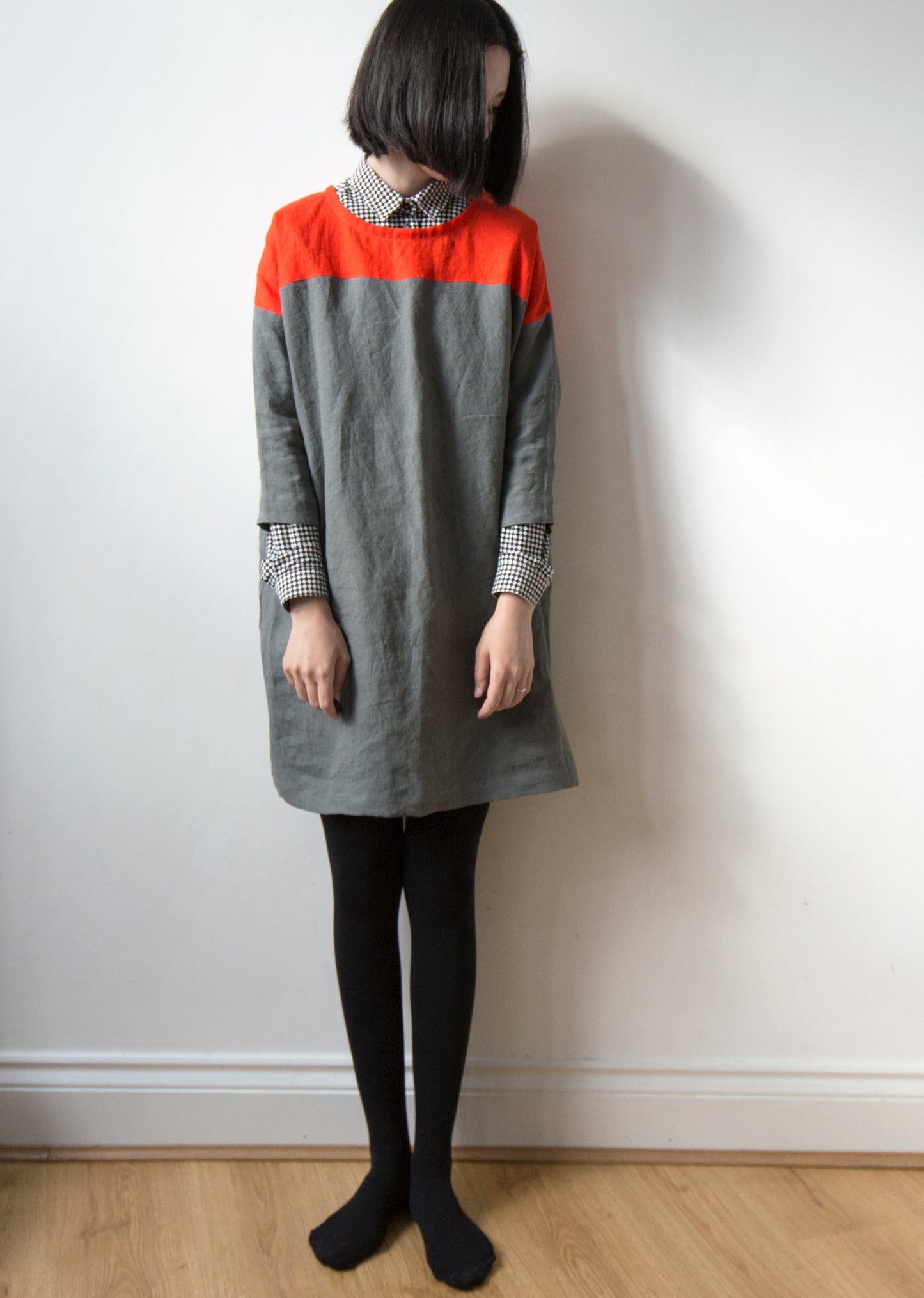 Vibrant orange red and dark grey linen dress