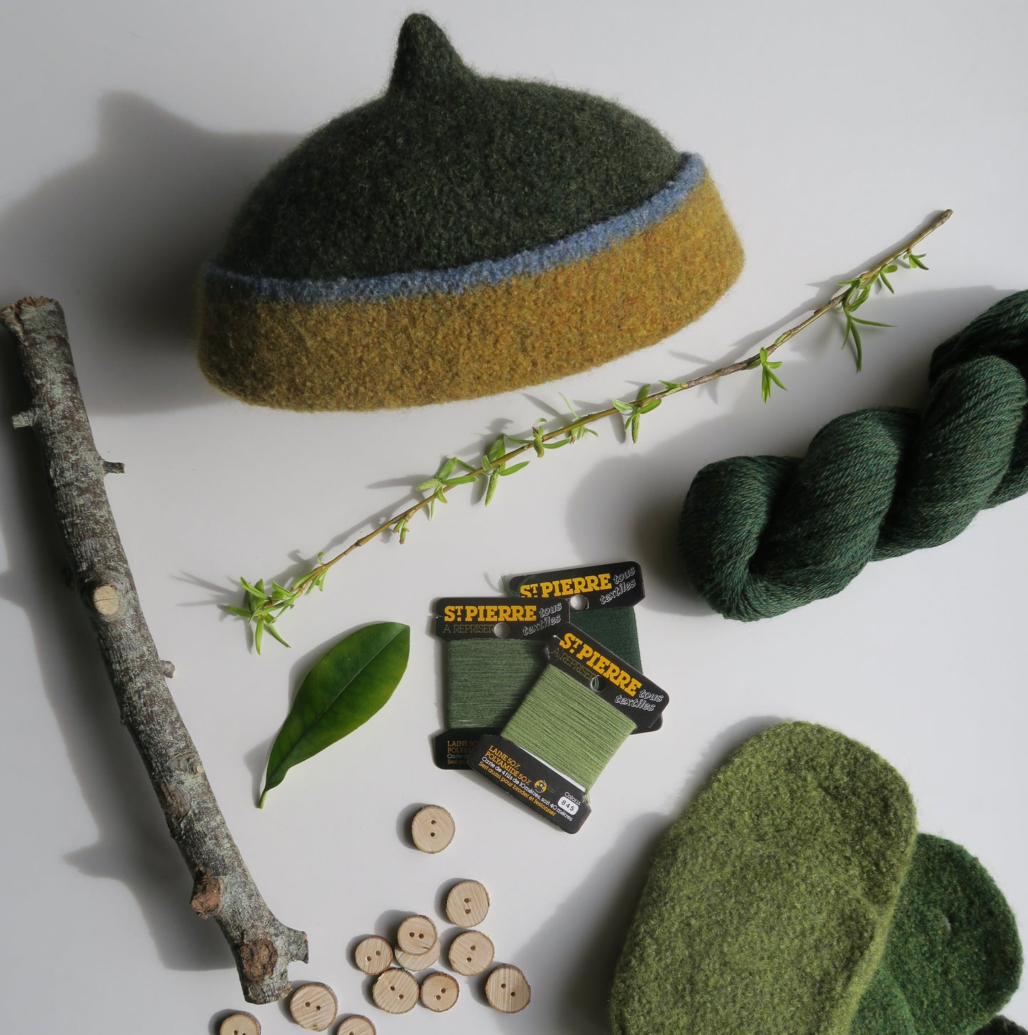Dark mustard yellow edge and green top woollen hat