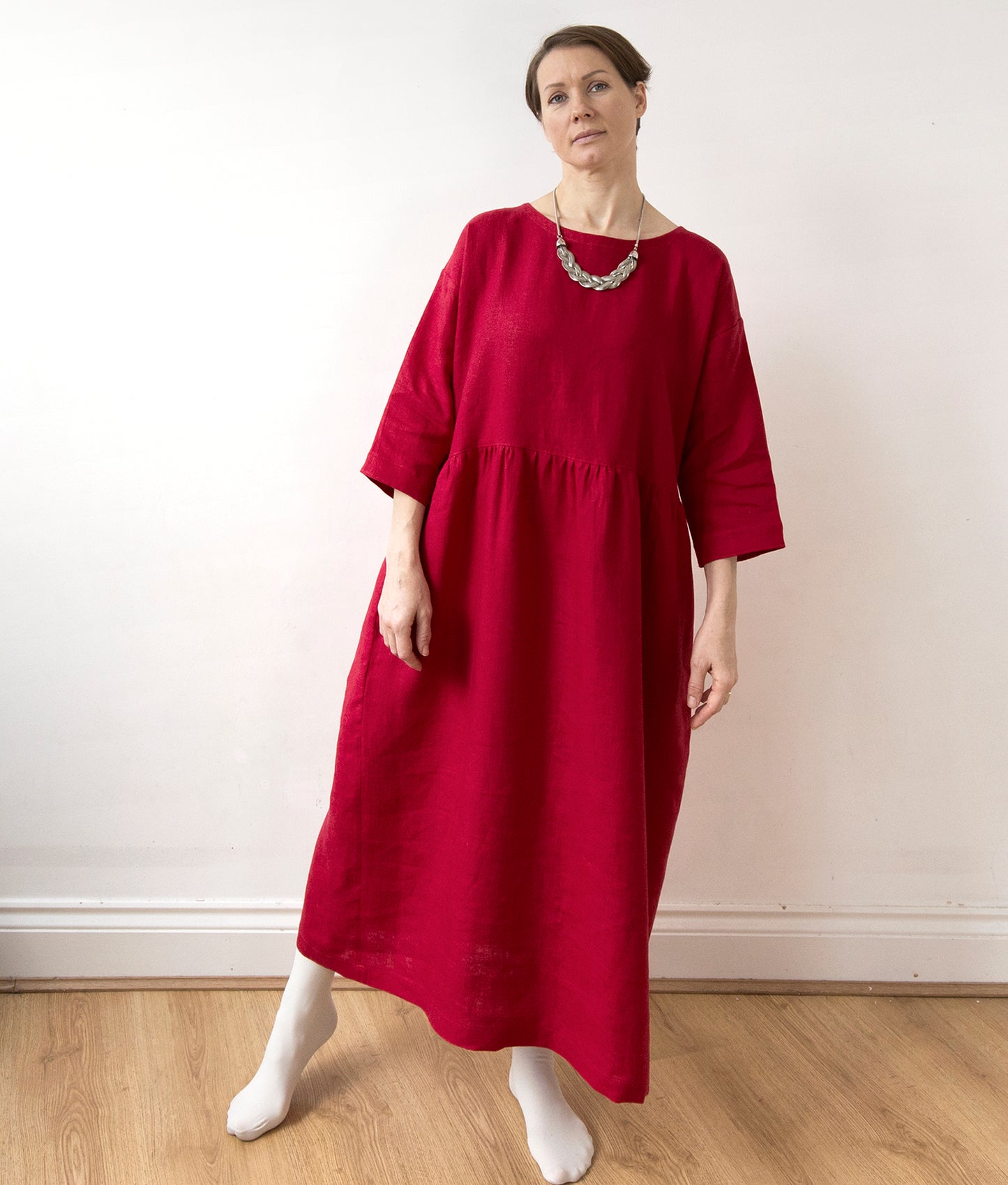 Festive red linen dress, lower-calf length