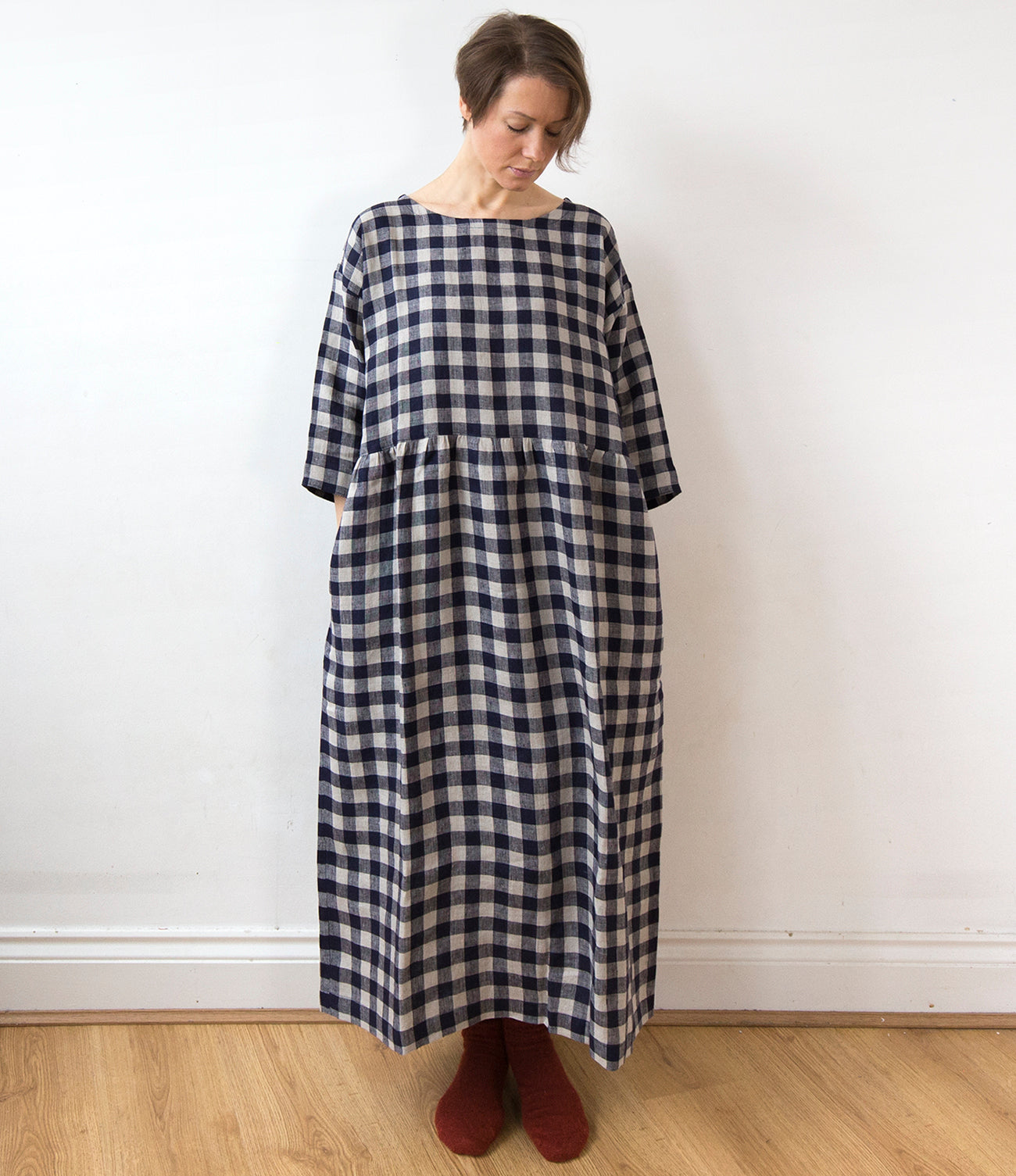 Indigo blue gingham check linen dress, lower-calf length