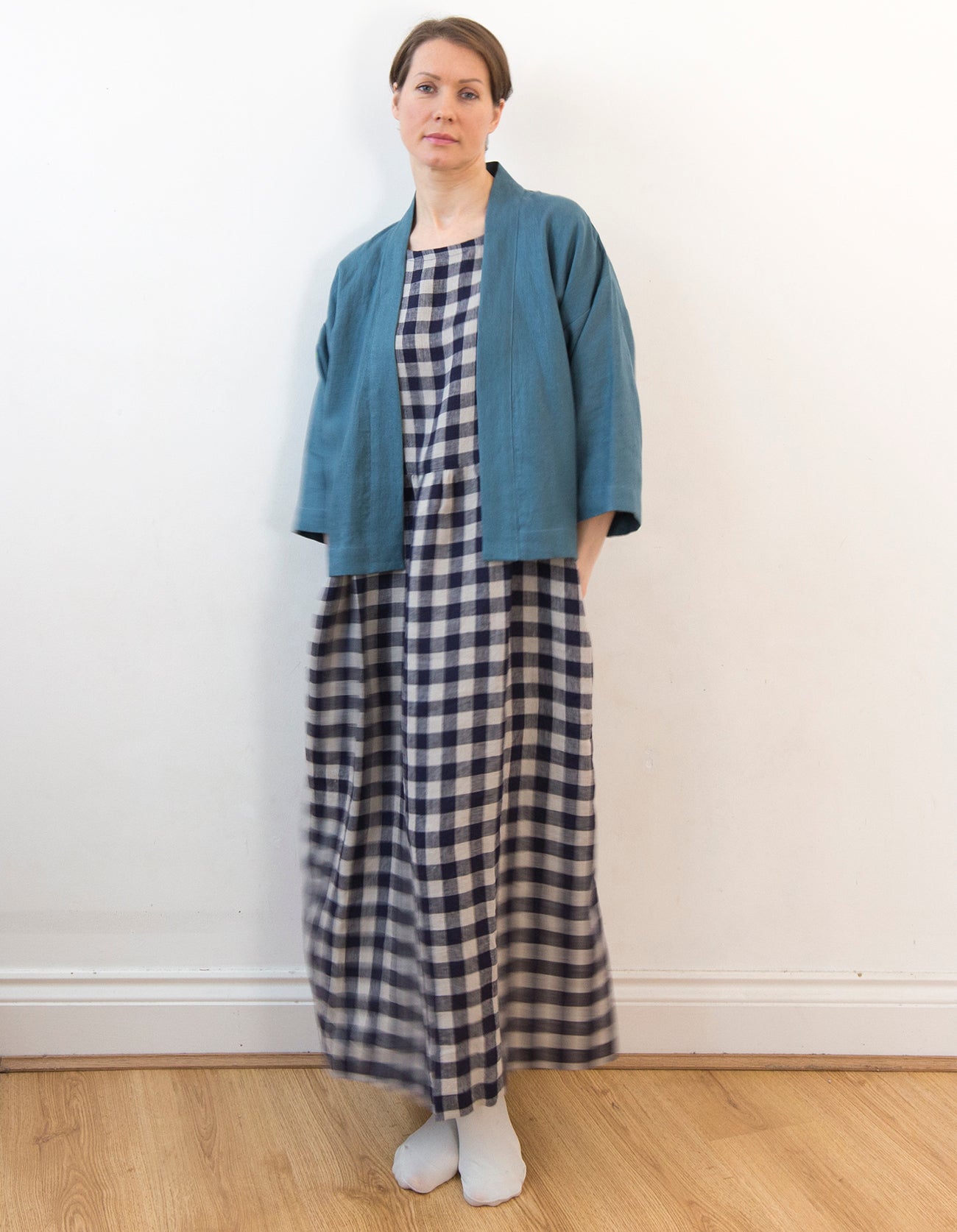 Indigo blue gingham check linen dress, lower-calf length