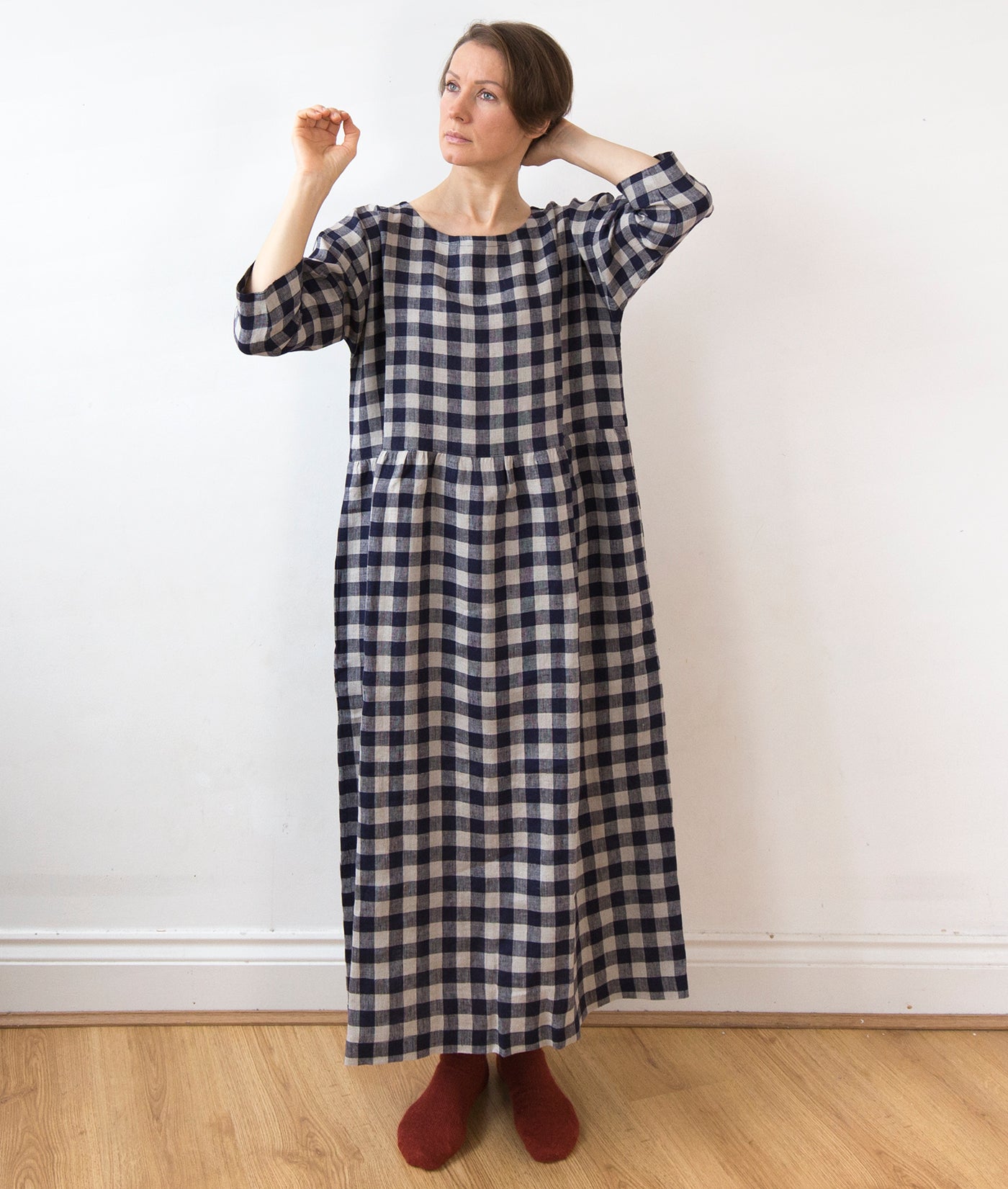 Indigo blue gingham check linen dress, lower-calf length