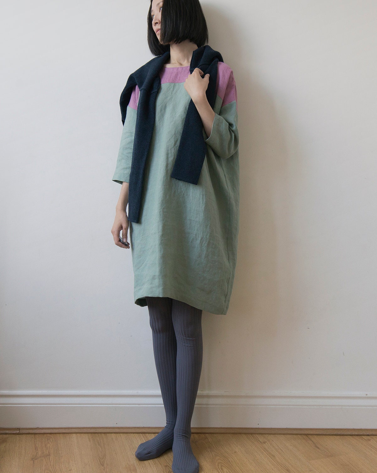 Wild orchid pink and celadon blue linen dress