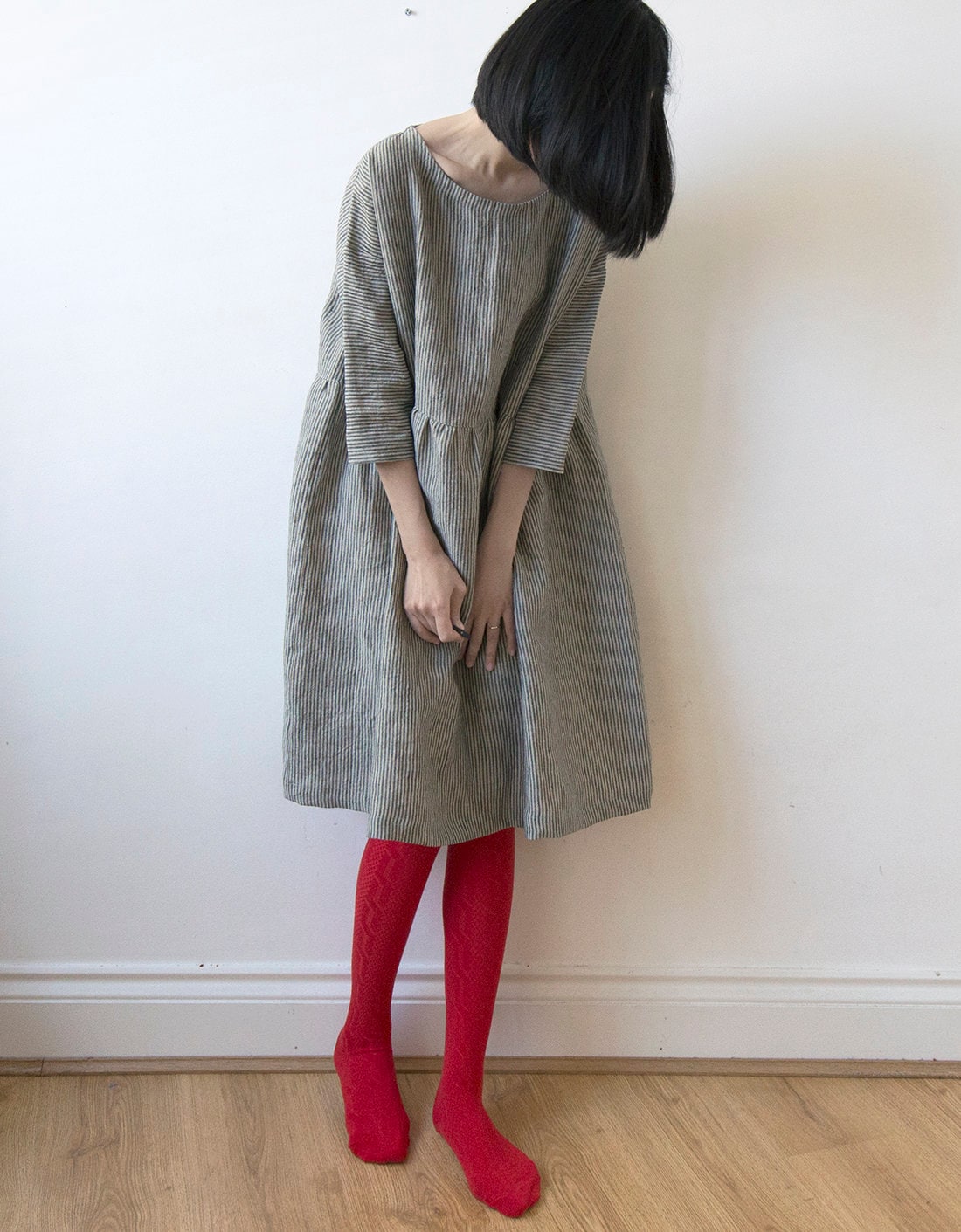 Fine stripe grey linen dress