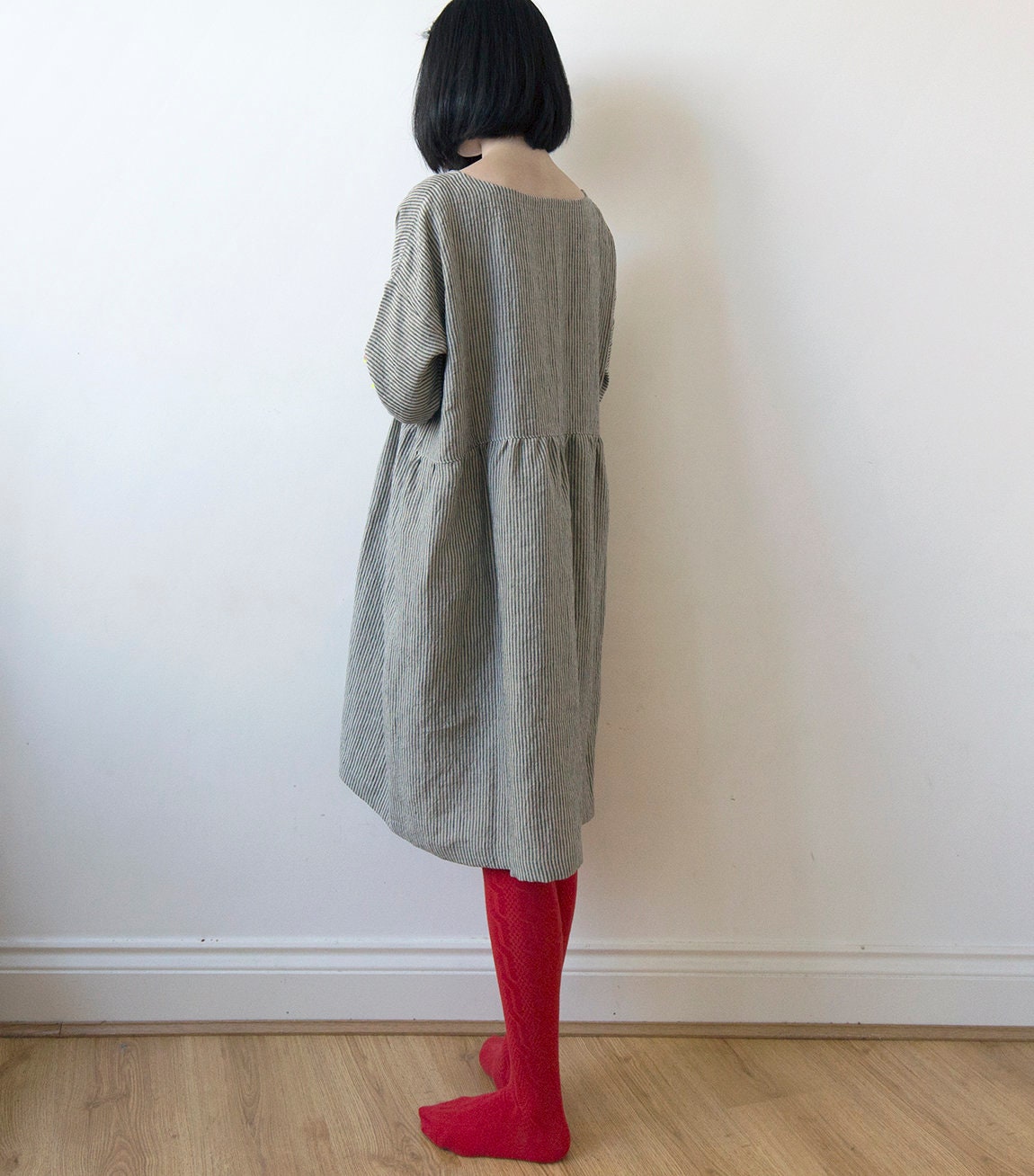 Fine stripe grey linen dress
