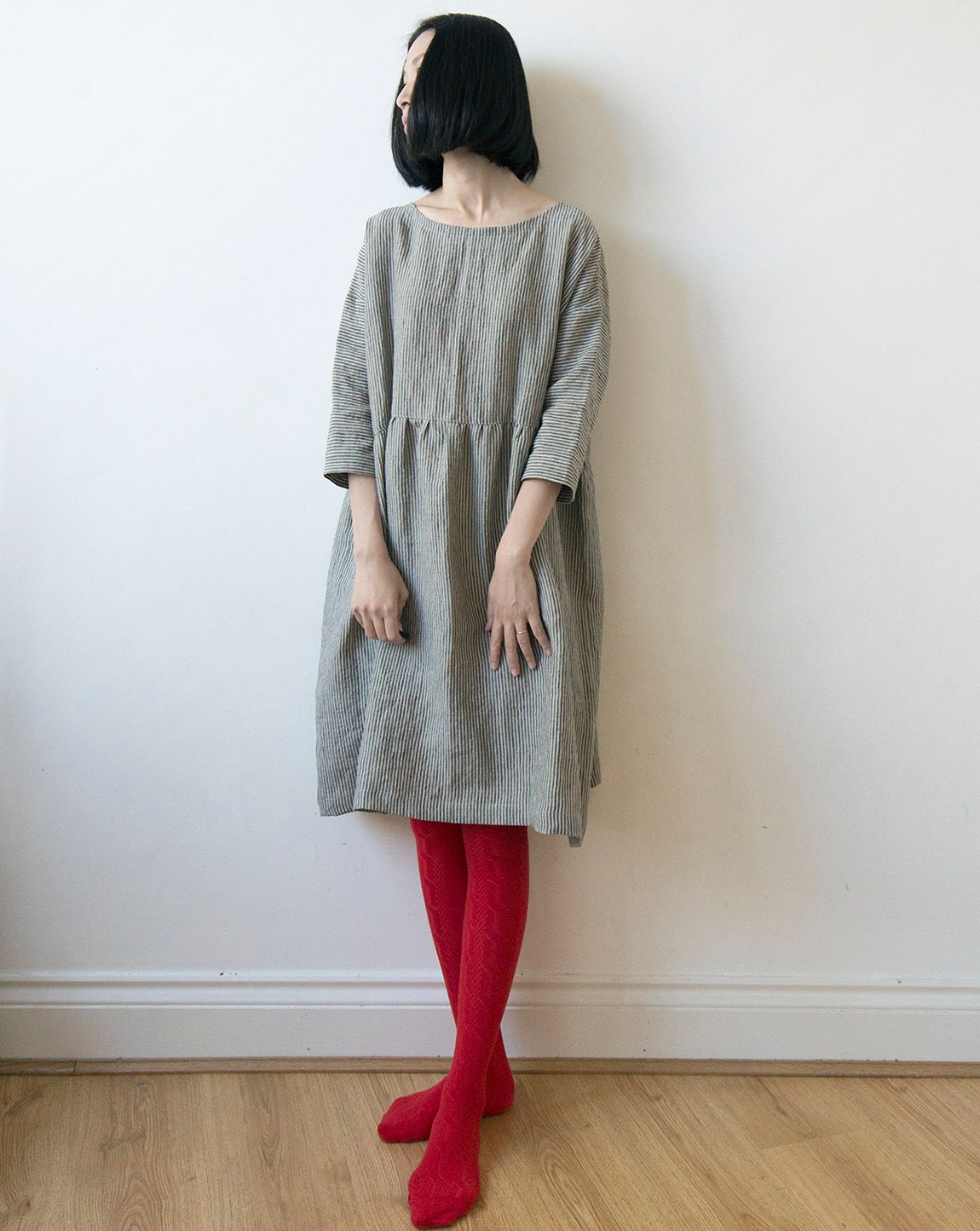 Fine stripe grey linen dress