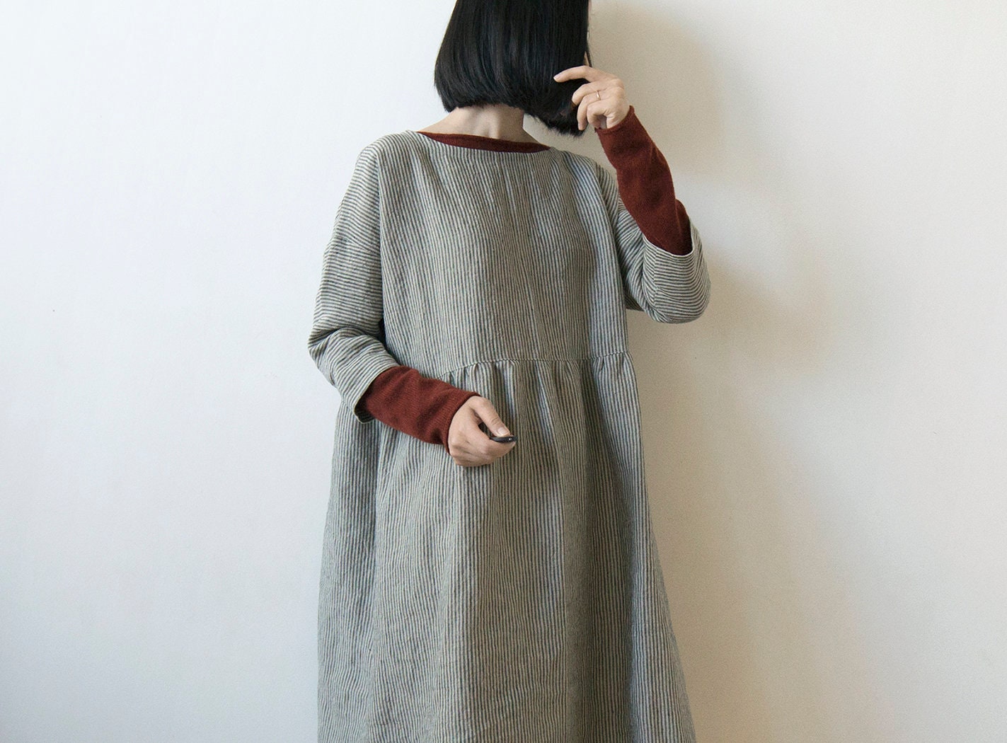 Fine stripe grey linen dress
