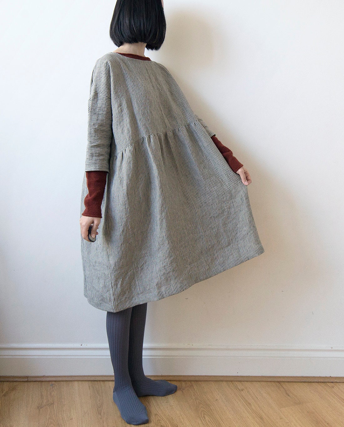 Fine stripe grey linen dress