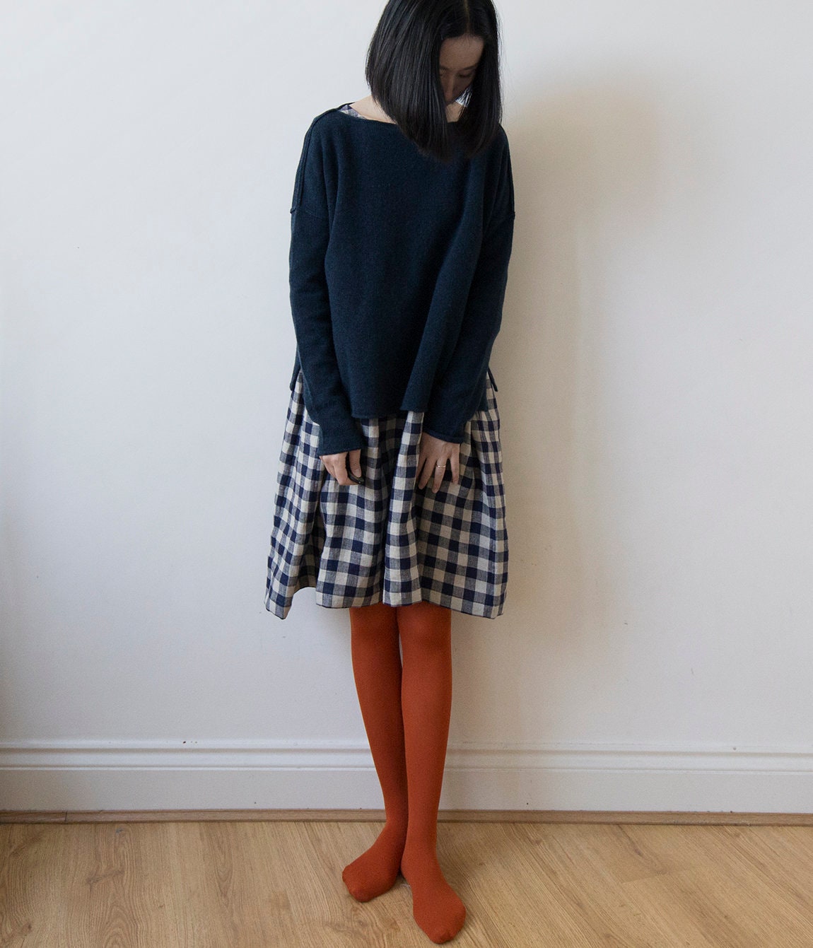 Indigo blue gingham check linen dress