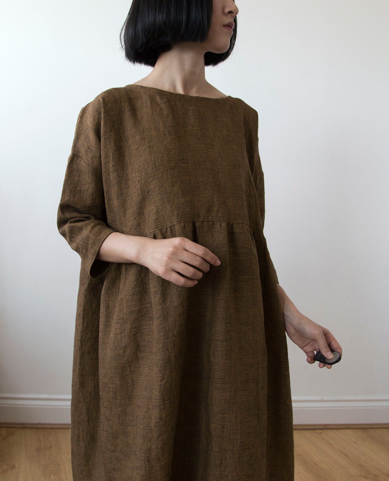 Golden bronze glen check linen dress