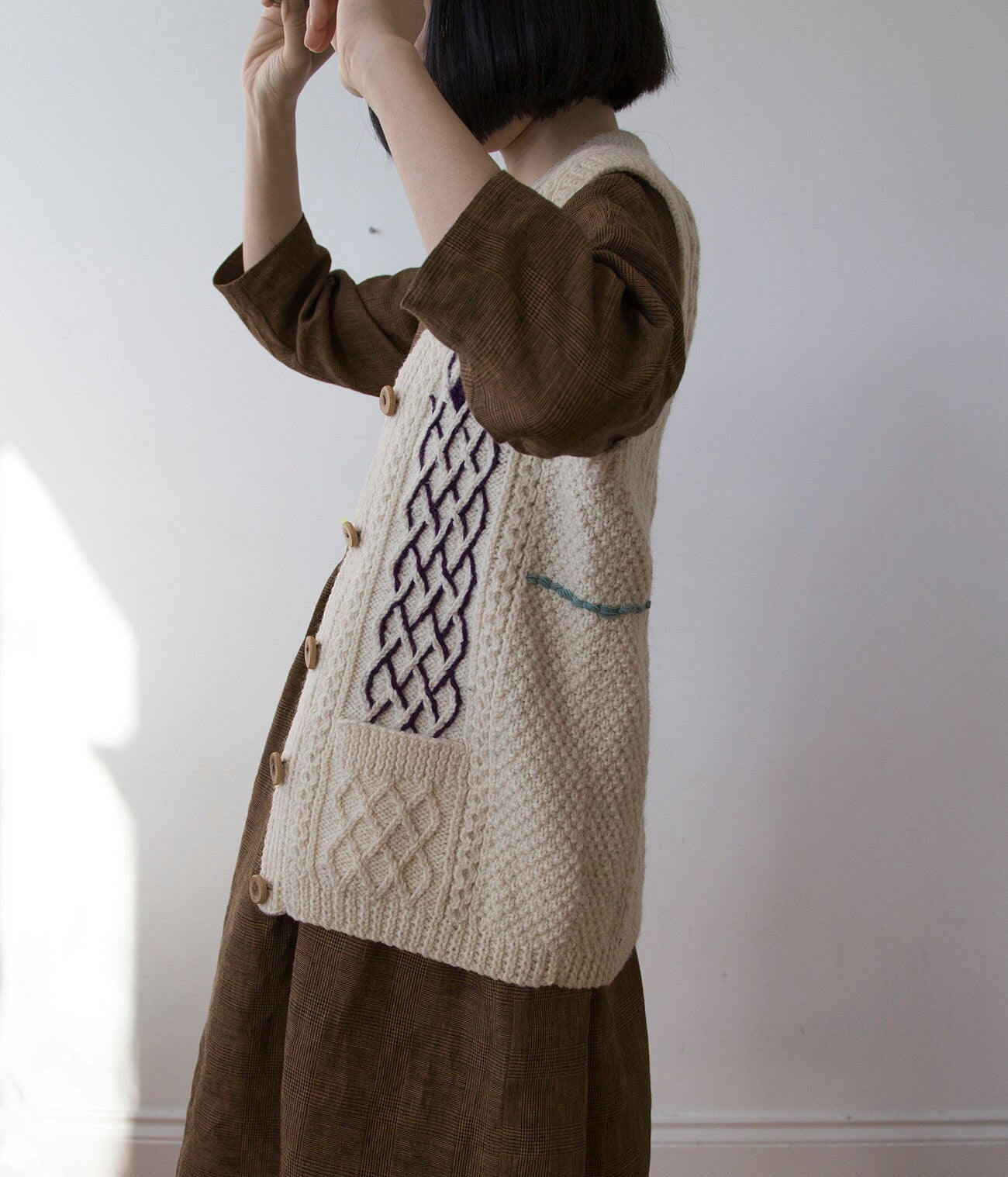 Golden bronze glen check linen dress