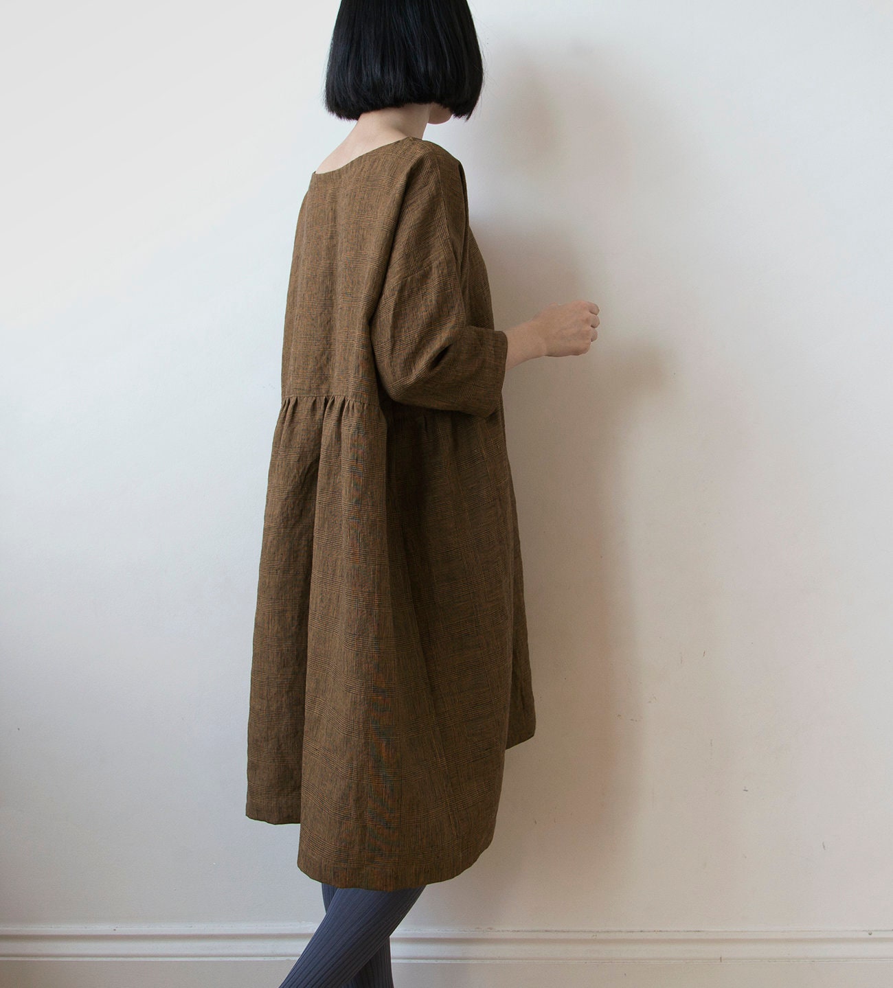 Golden bronze glen check linen dress