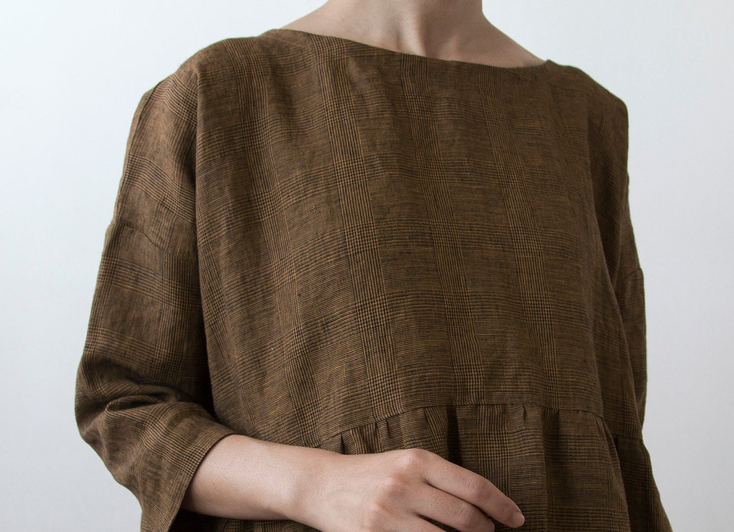 Golden bronze glen check linen dress