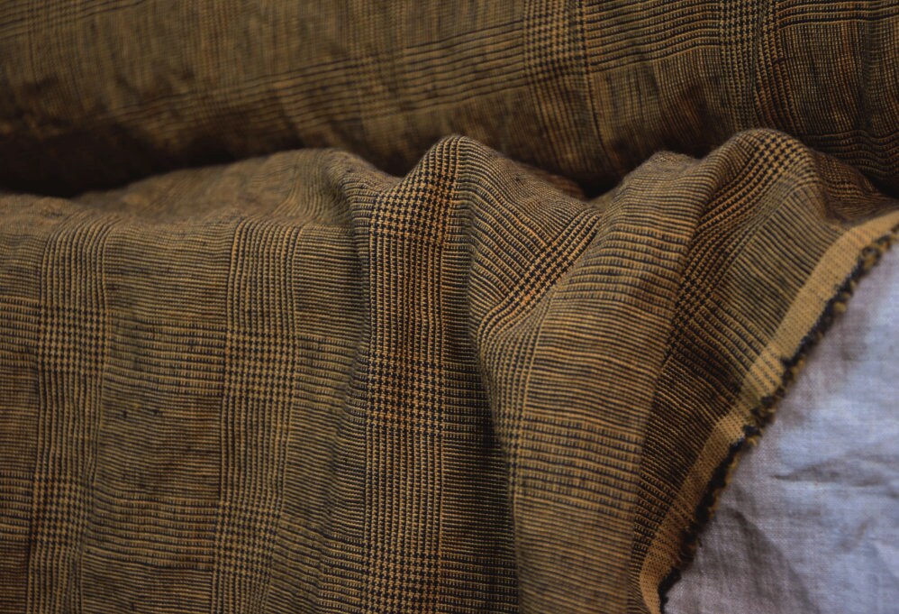 Golden bronze glen check linen dress