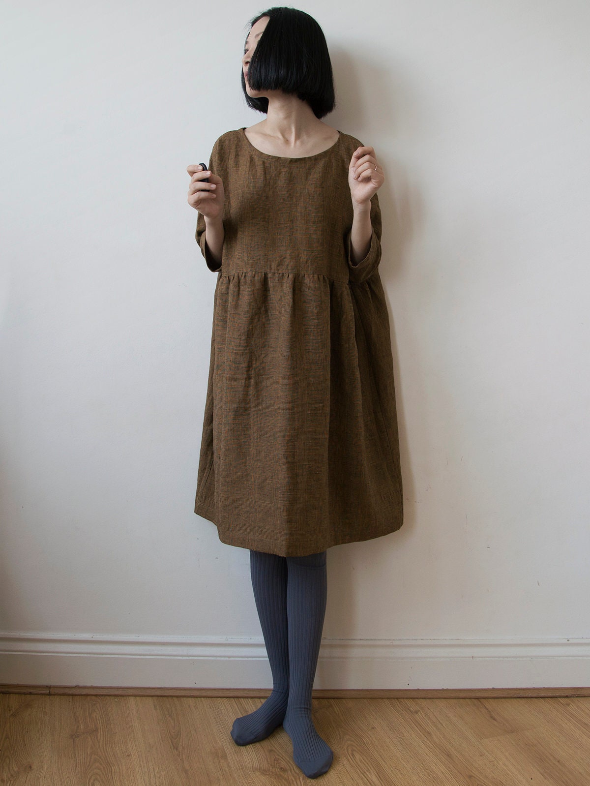 Golden bronze glen check linen dress