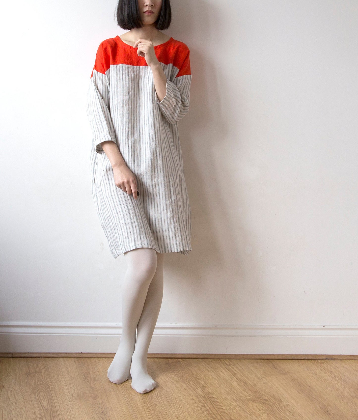 Vibrant orange red and off white stripe linen tunic dress