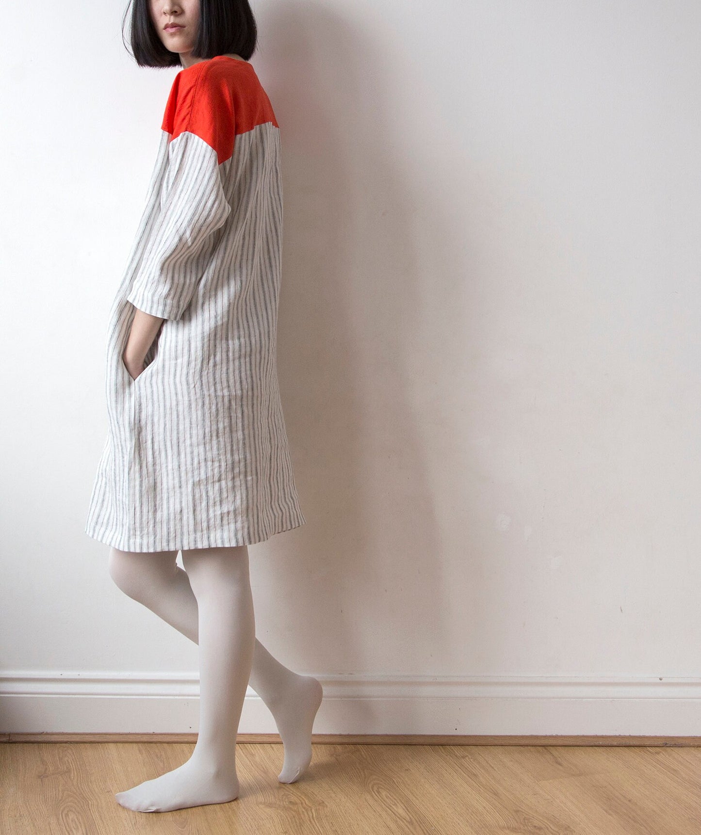 Vibrant orange red and off white stripe linen tunic dress