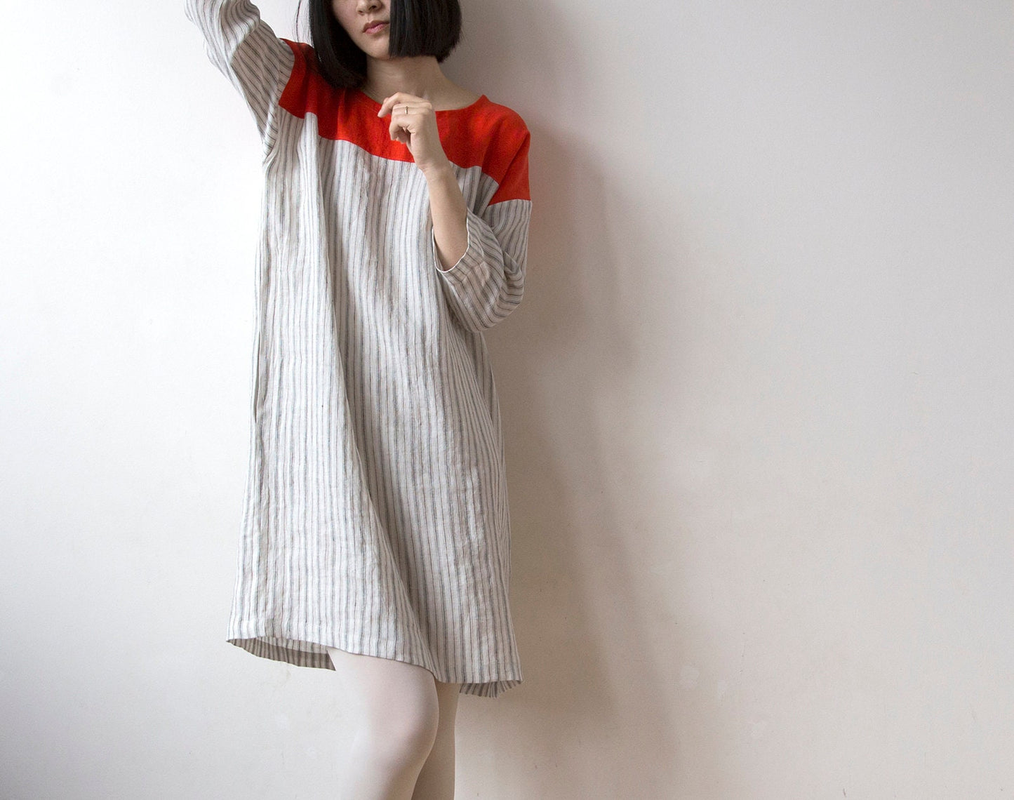 Vibrant orange red and off white stripe linen tunic dress