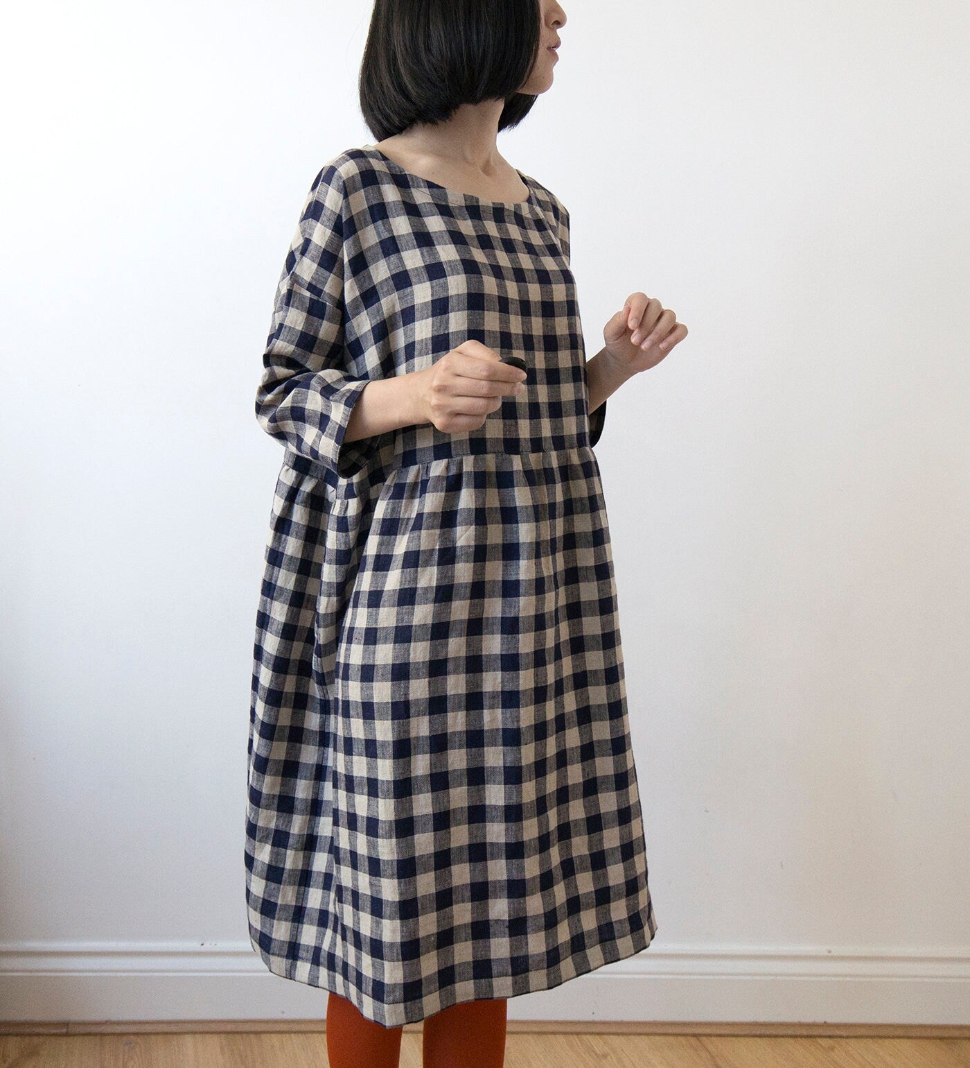 Indigo blue gingham check linen dress