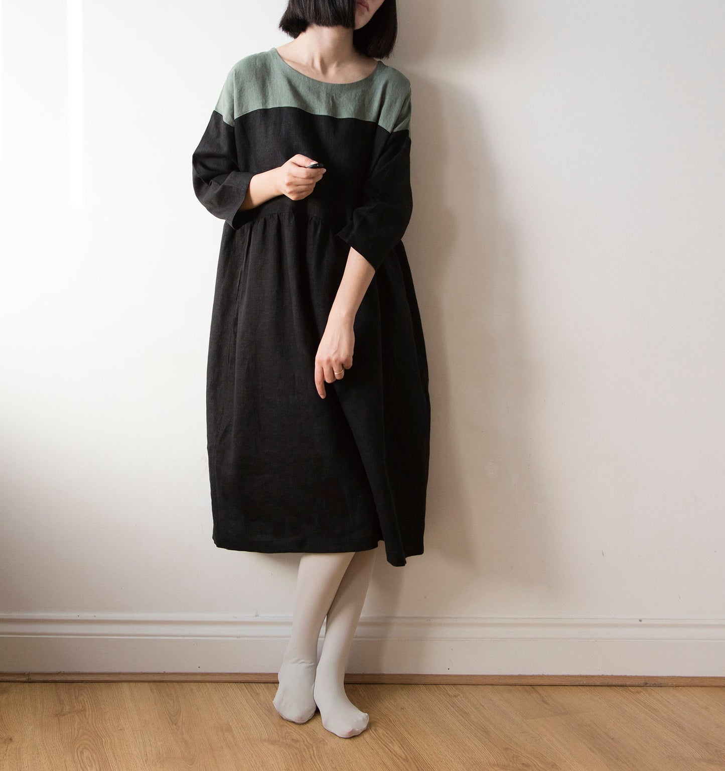 Ink black and muted green linen dress