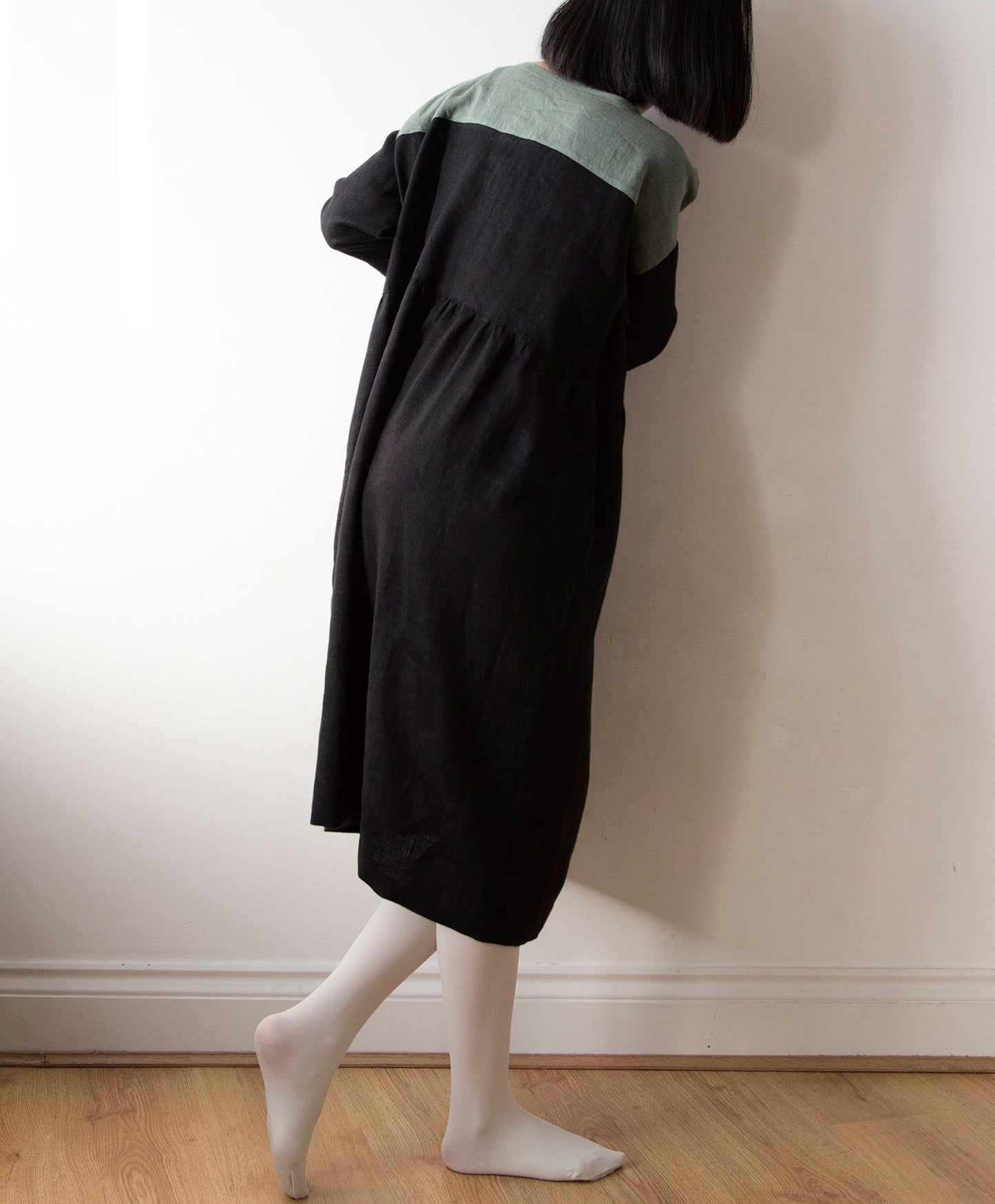 Ink black and muted green linen dress