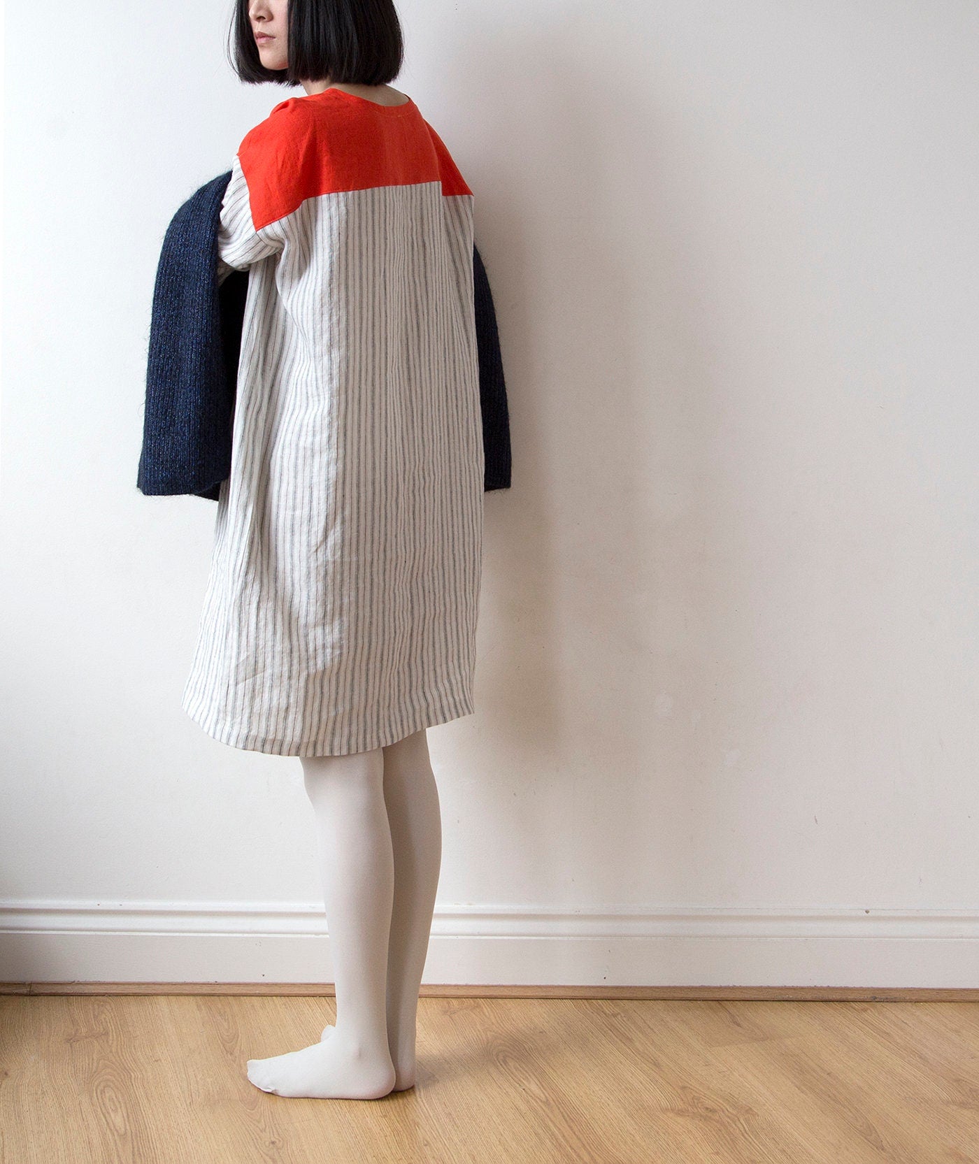Vibrant orange red and off white stripe linen tunic dress