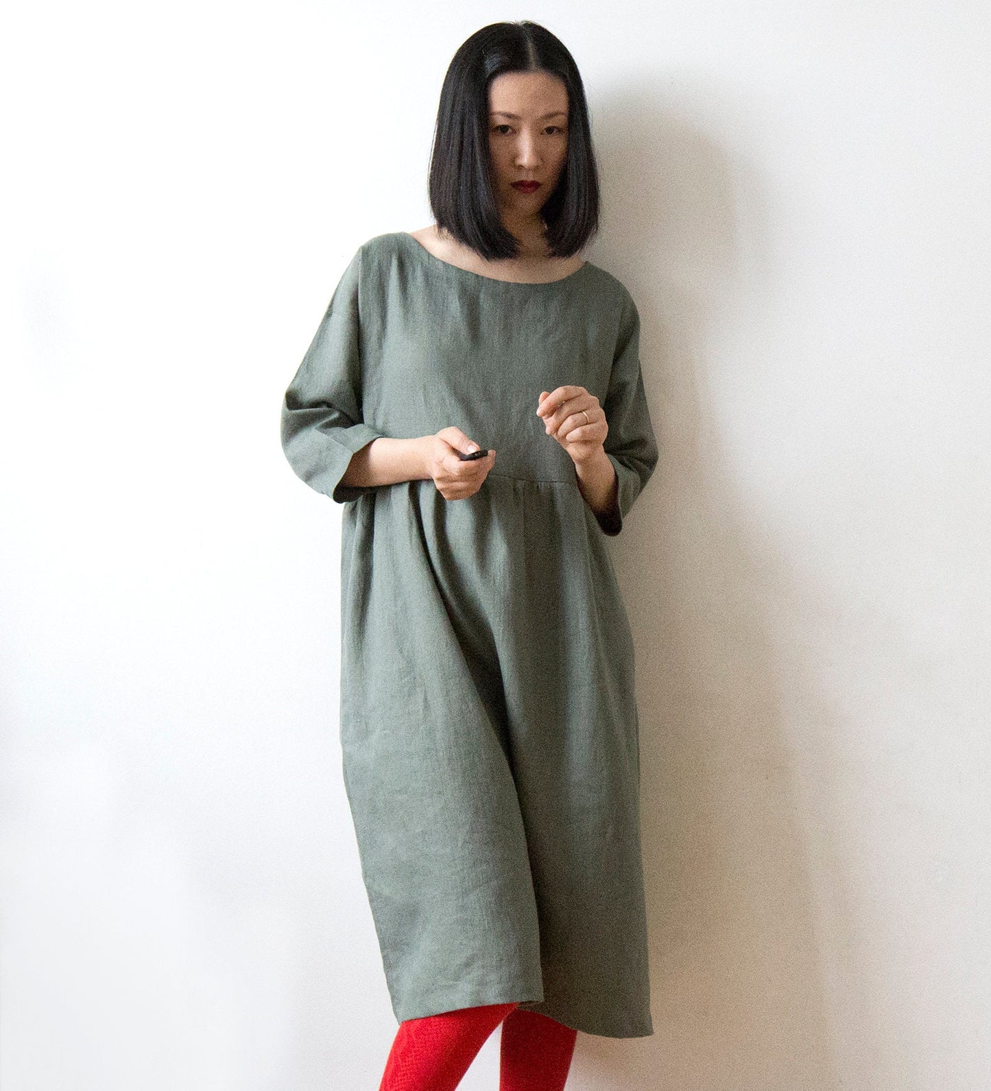 Misty mountain muted green linen dress