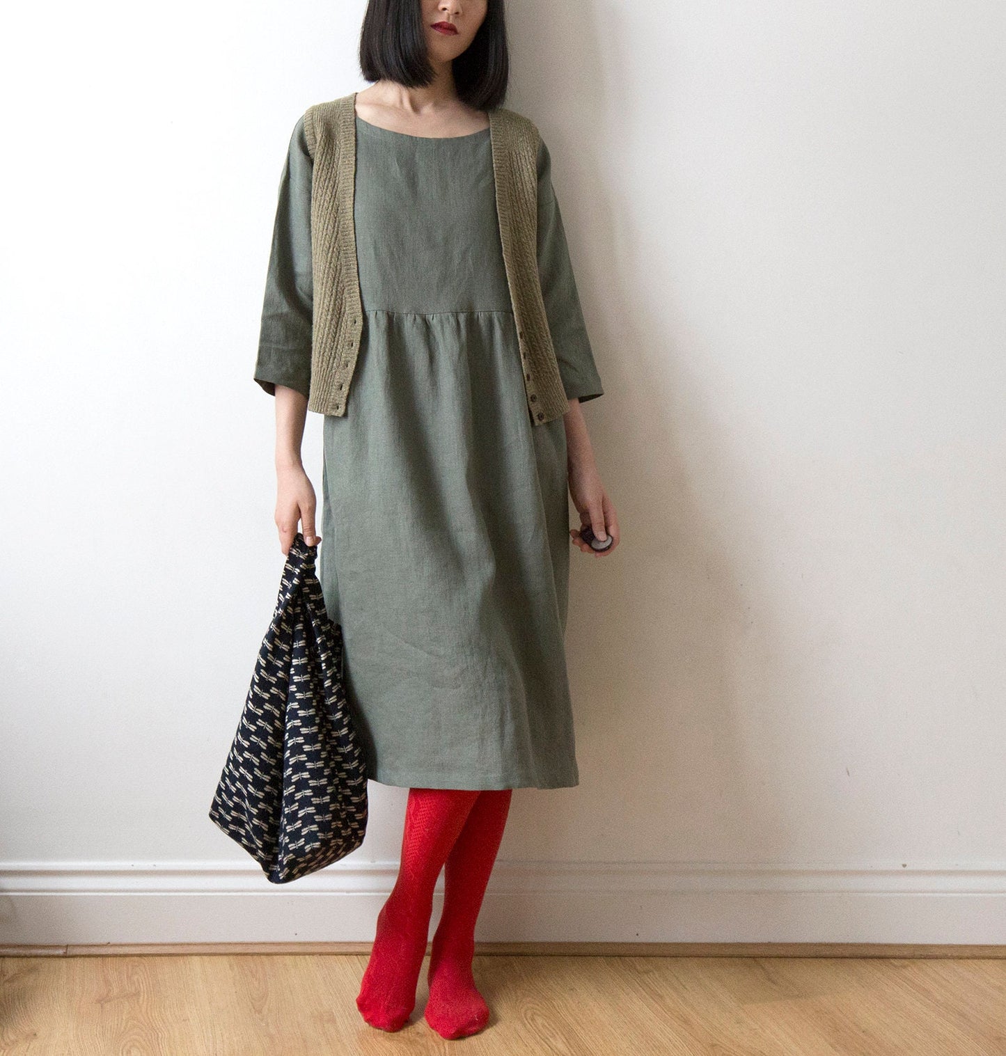Misty mountain muted green linen dress