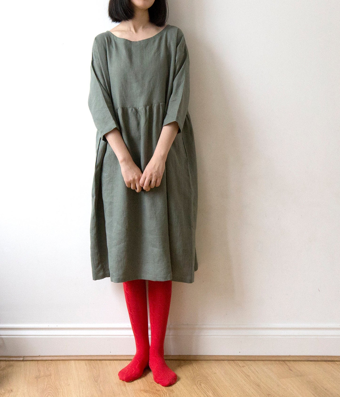 Misty mountain muted green linen dress