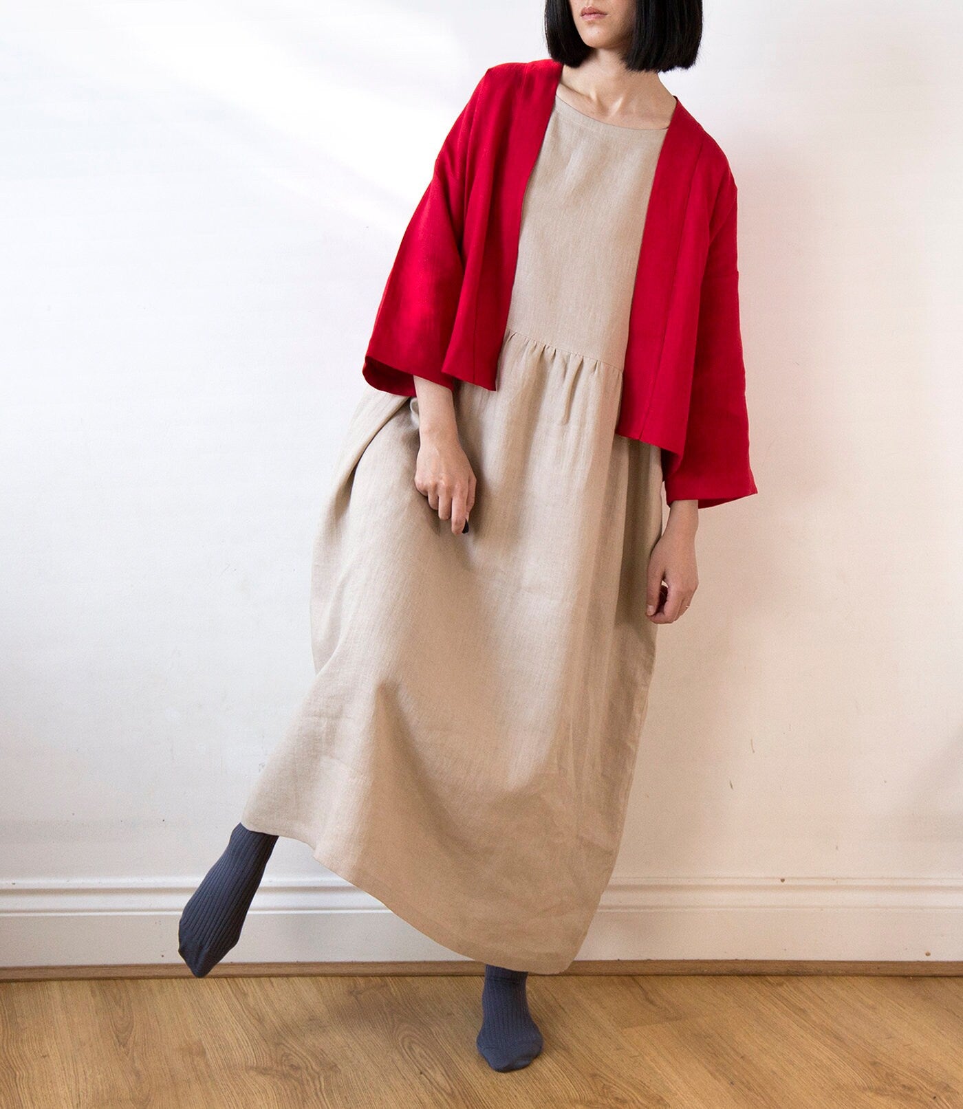 Festive red linen kimono jacket