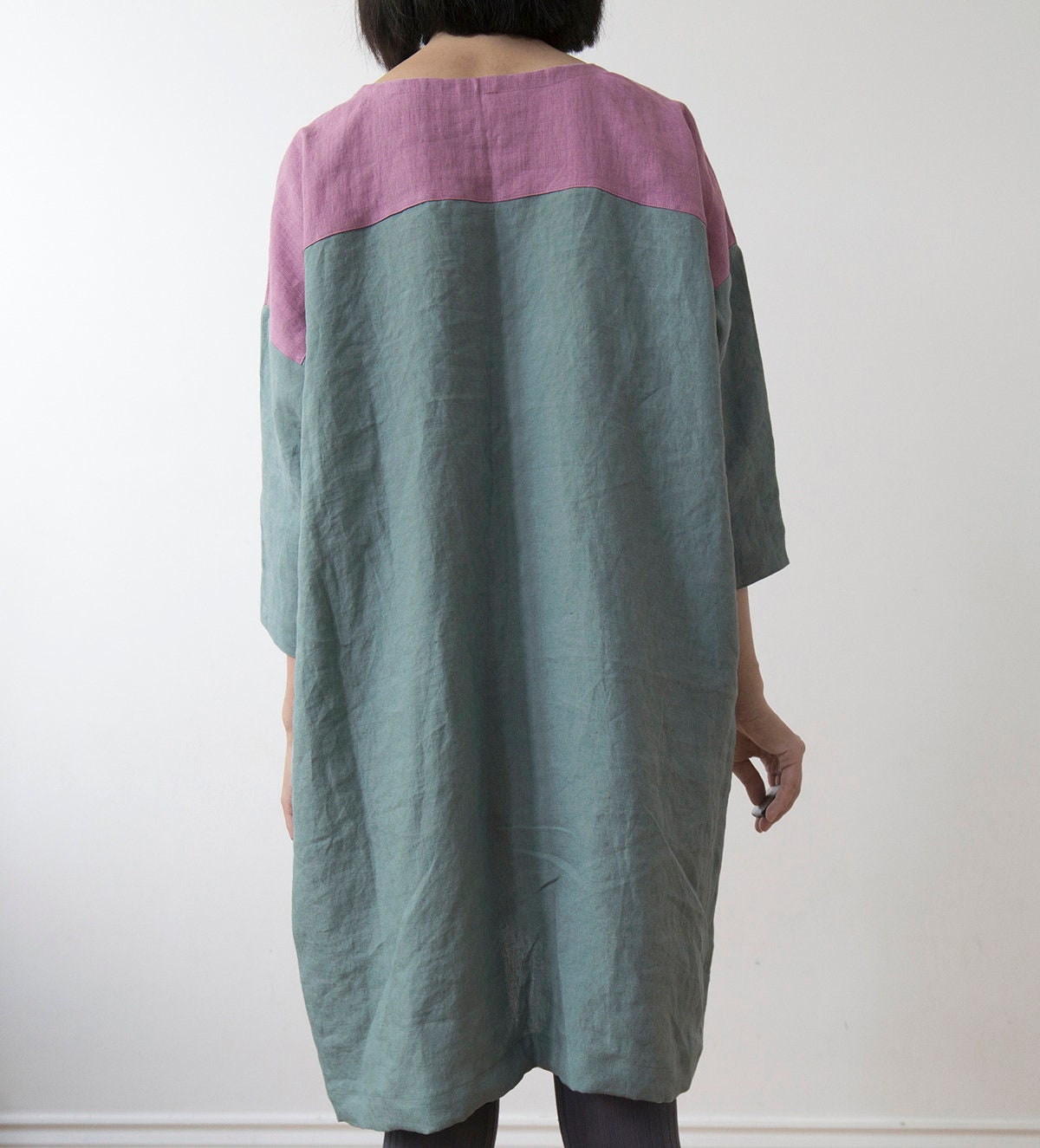 Wild orchid pink and celadon blue linen dress