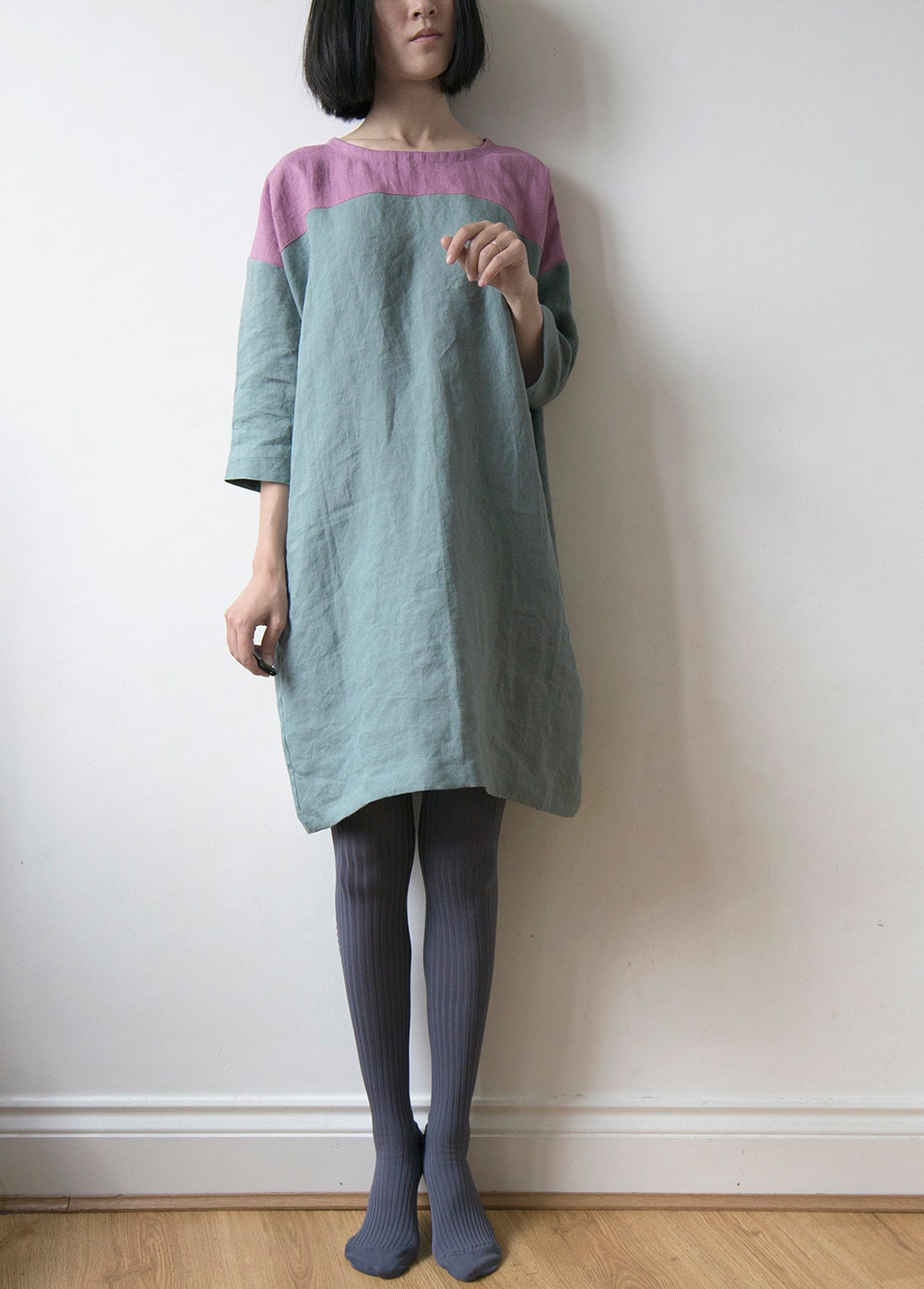 Wild orchid pink and celadon blue linen dress