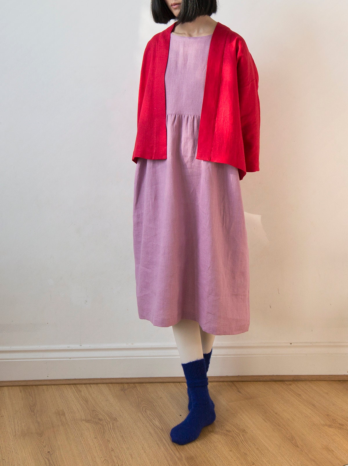 Festive red linen kimono jacket