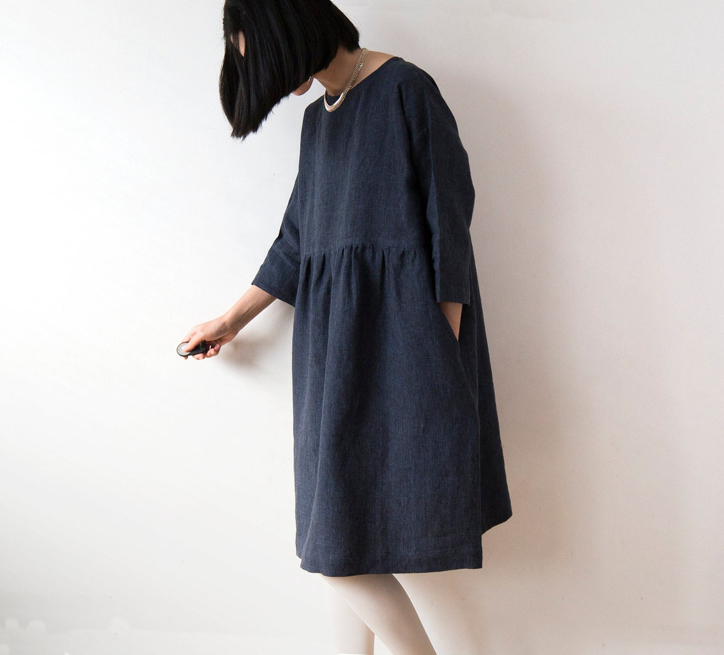 Navy glen check linen dress