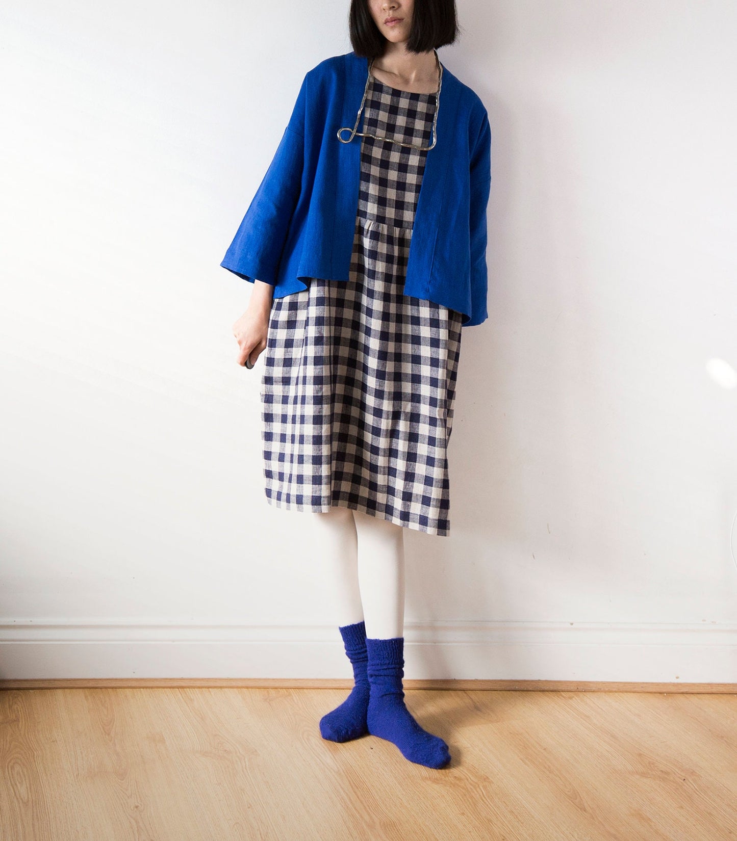 Indigo blue gingham check linen dress