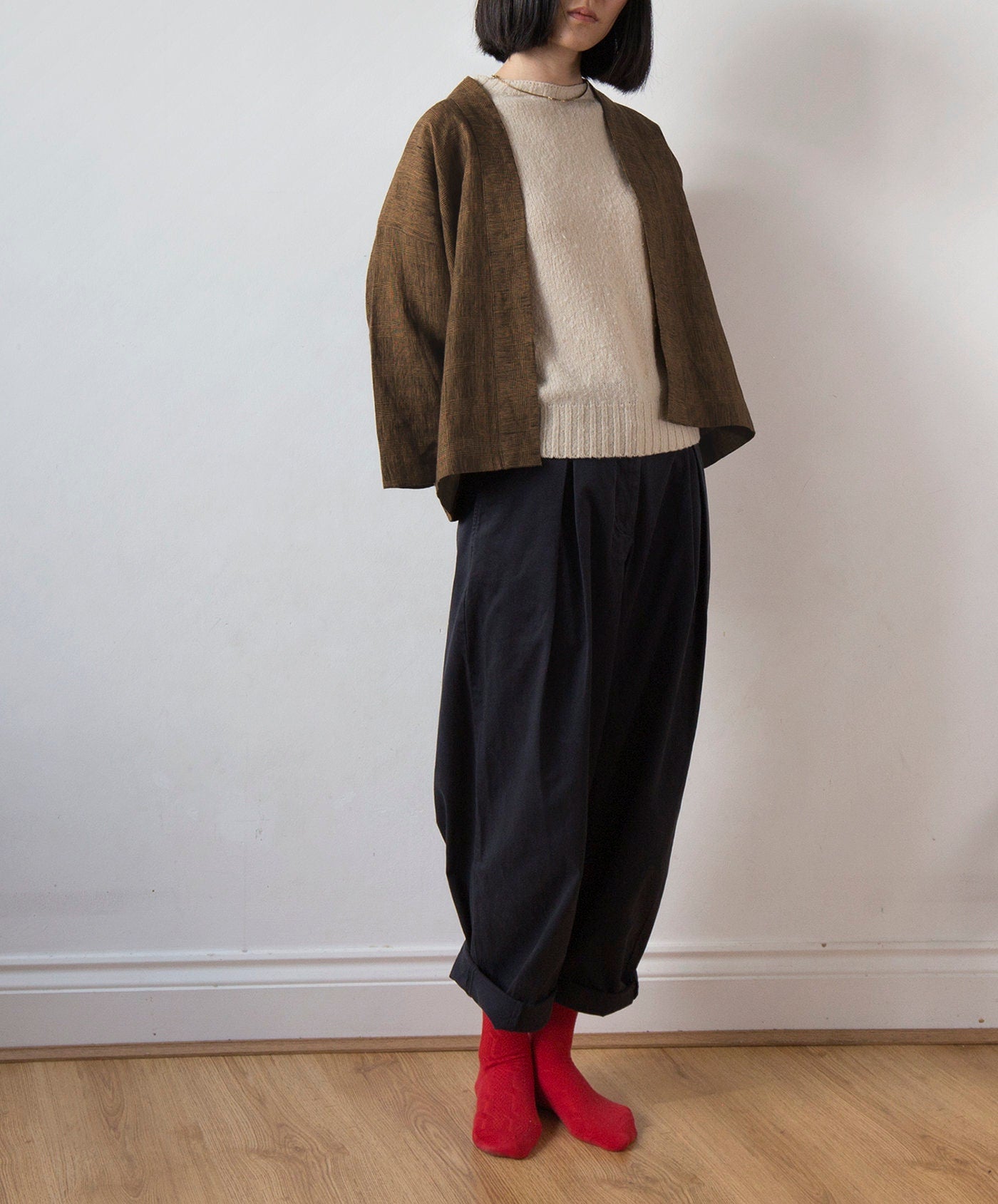 Golden bronze glen check kimono linen jacket