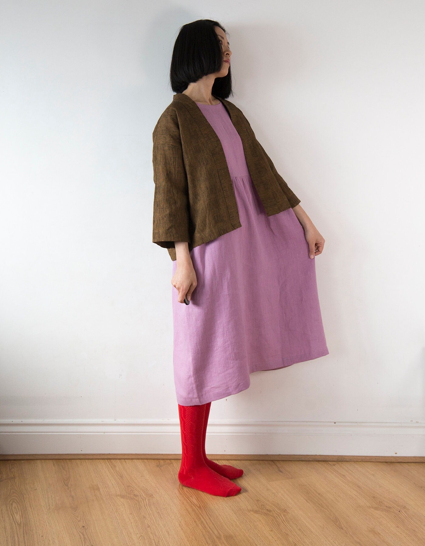 Golden bronze glen check kimono linen jacket